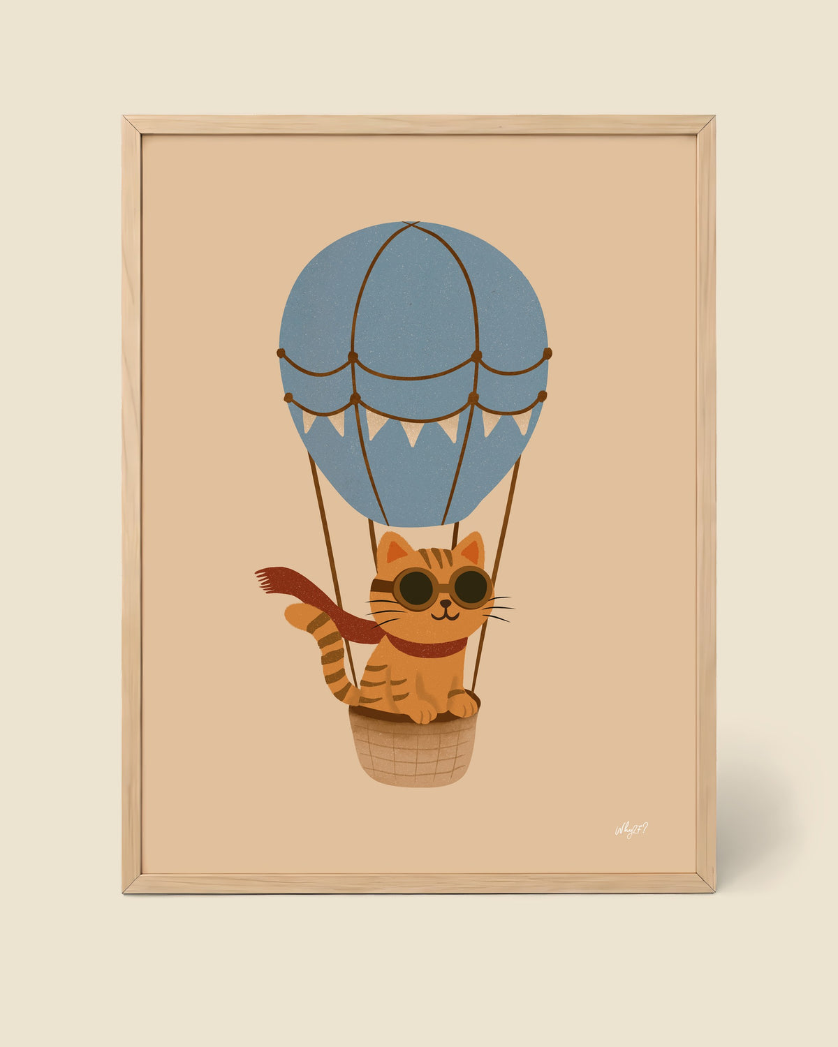 Cat Balloon Blue Poster framed in a natural wood frame