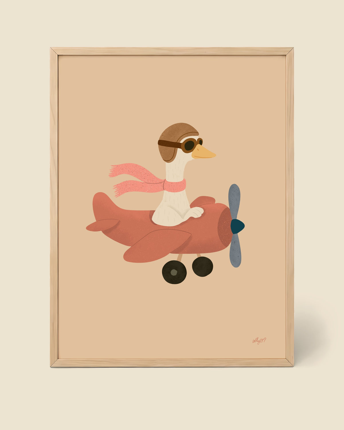Goose Plane Pink Poster framed in a natural wood frame
