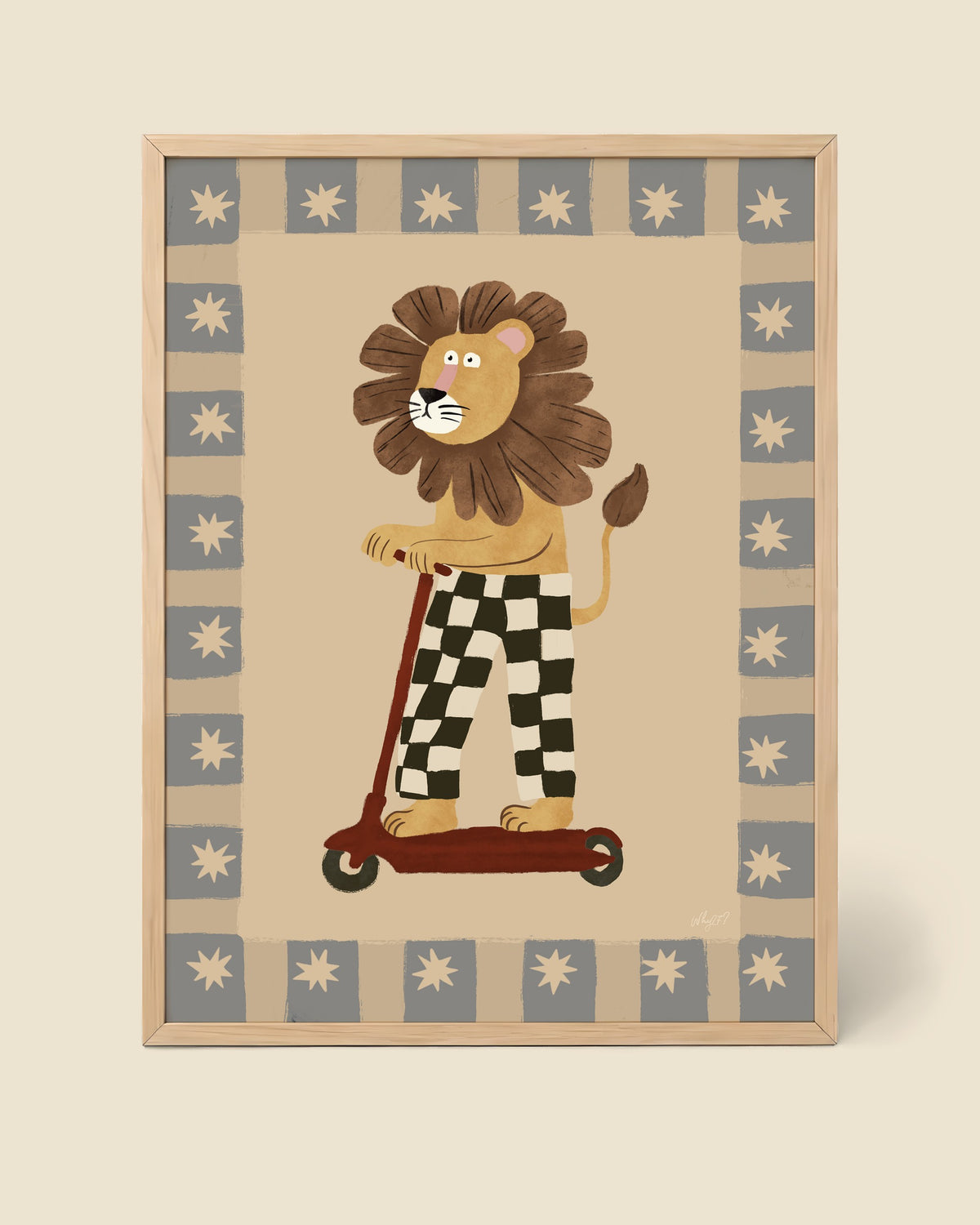Scooter King Lion Blue Poster framed in a natural wood frame