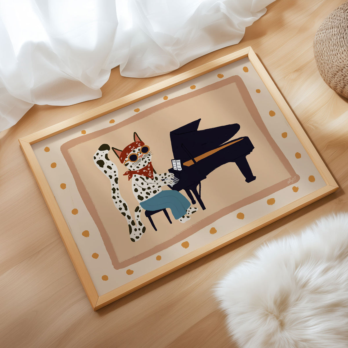Hand-drawn musical cat with sunglasses, red scarf and grand piano in a retro illustration.