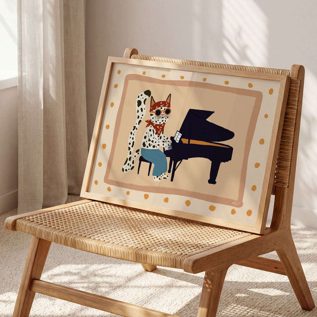 Landscape poster of a spotted cat in sunglasses playing a grand piano