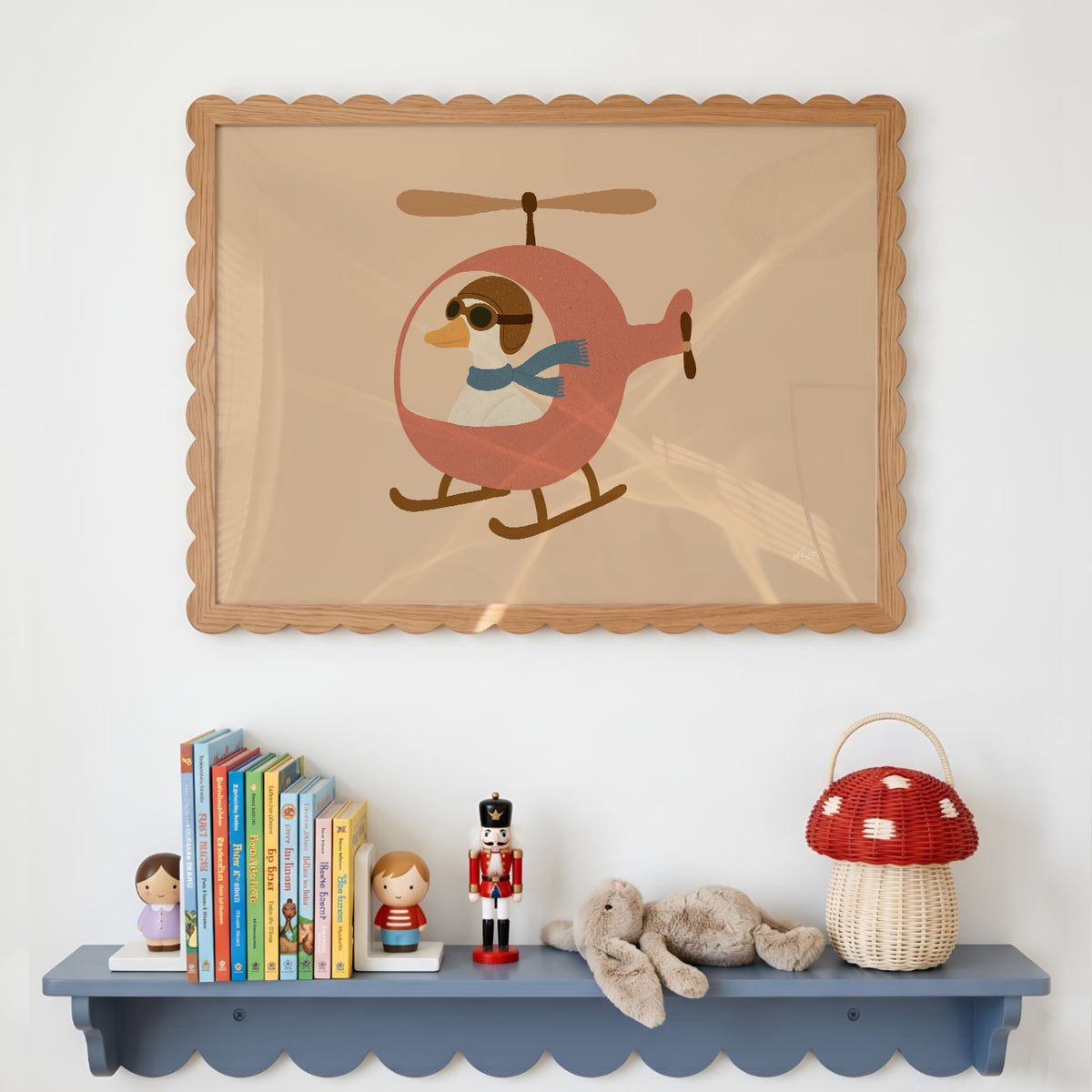 Landscape poster of a goose in a flying cap piloting a small pink helicopter