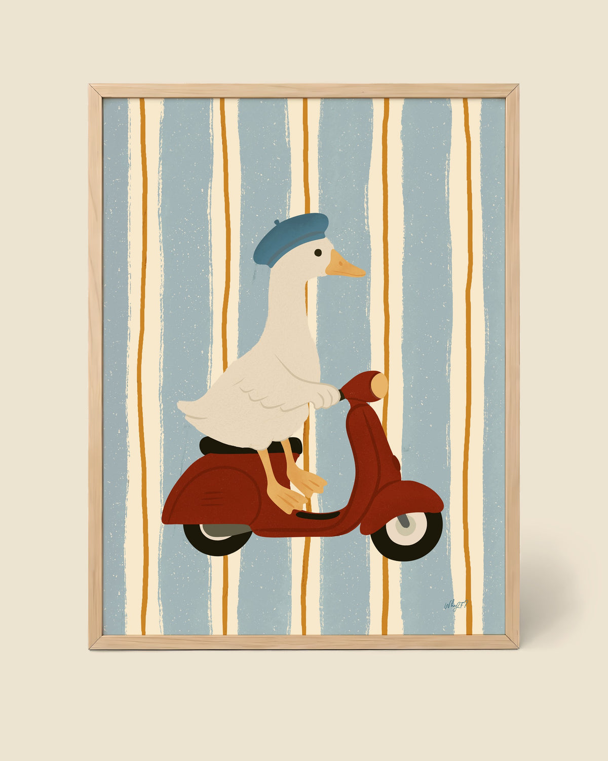 Vintage Scooter Goose Poster framed in a natural wood frame