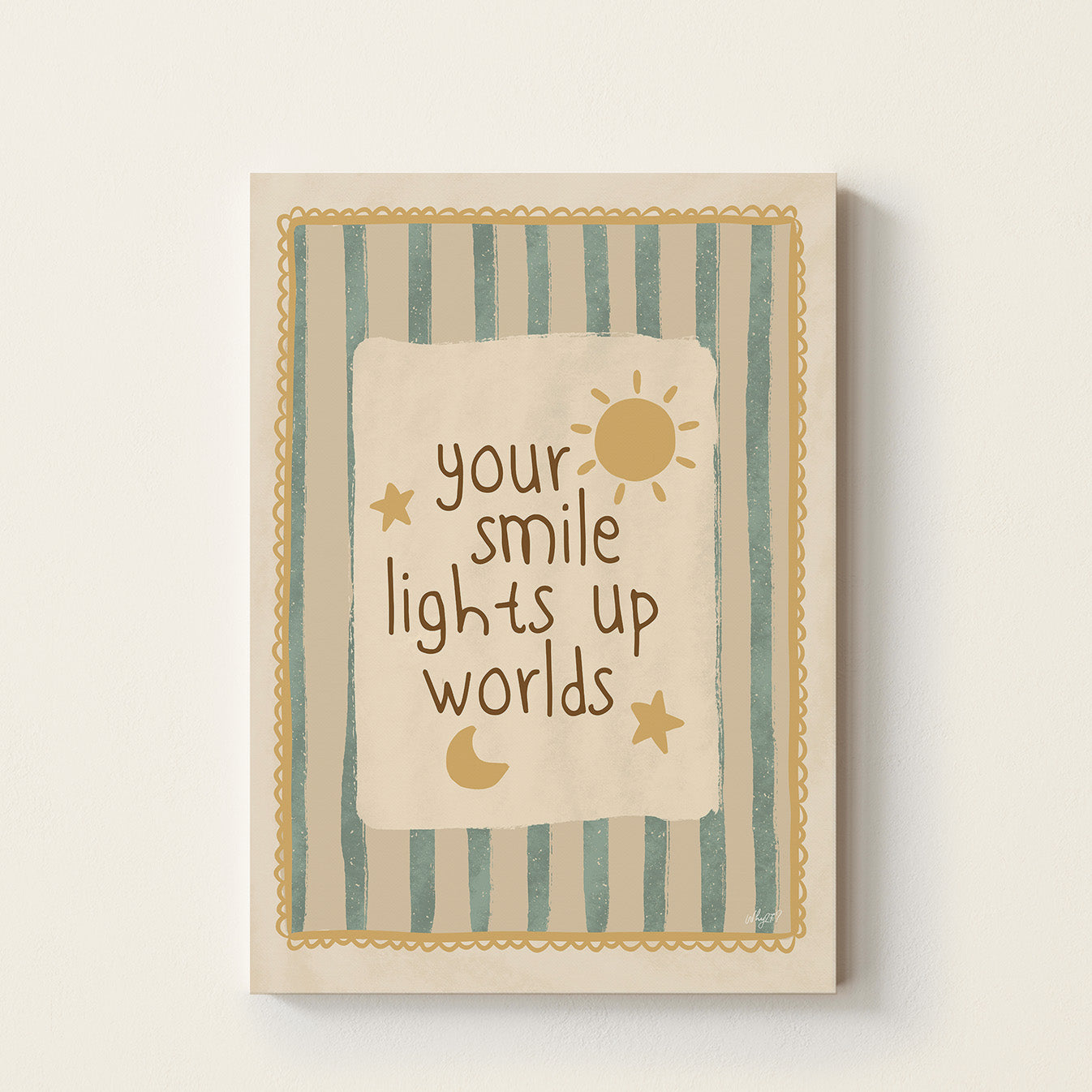 Inspirational typography poster featuring the phrase "Your Smile Lights Up Worlds" with sun, moon, and star illustrations on a soft striped background.