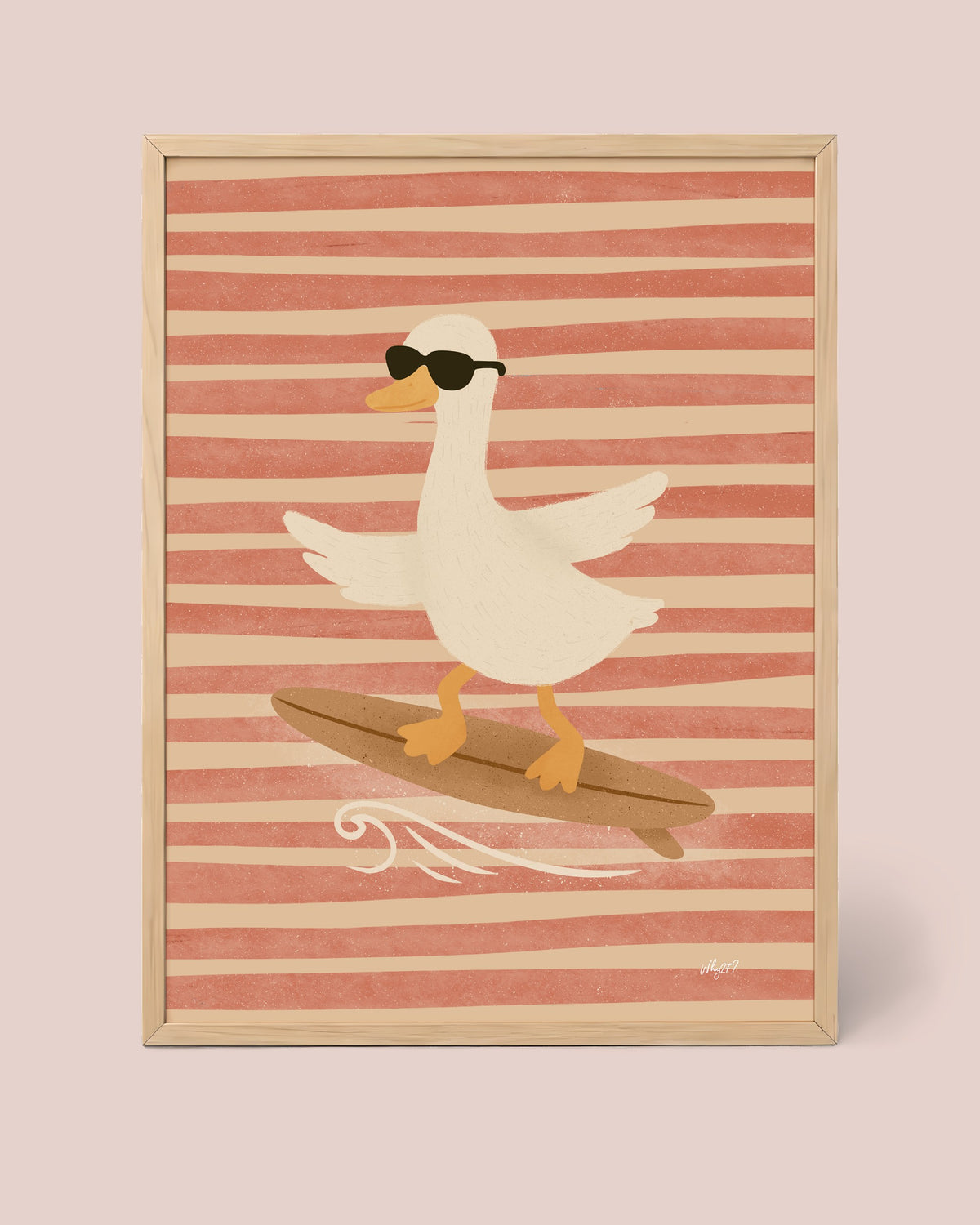 Surfer Goose Pink Poster framed in a natural wood frame