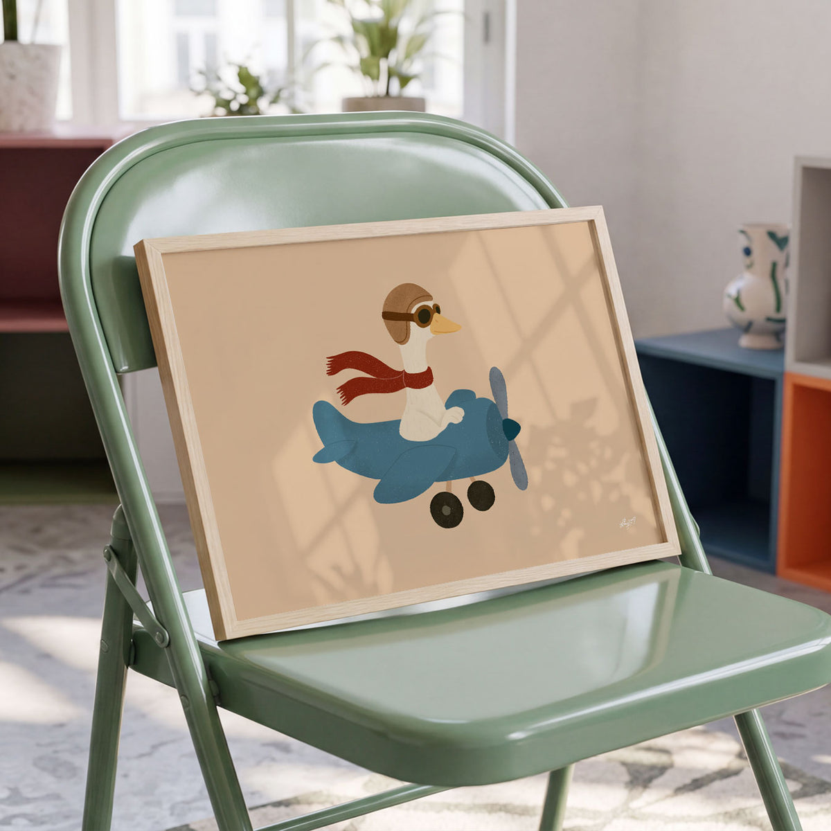 Landscape poster of a goose in goggles flying a small blue plane