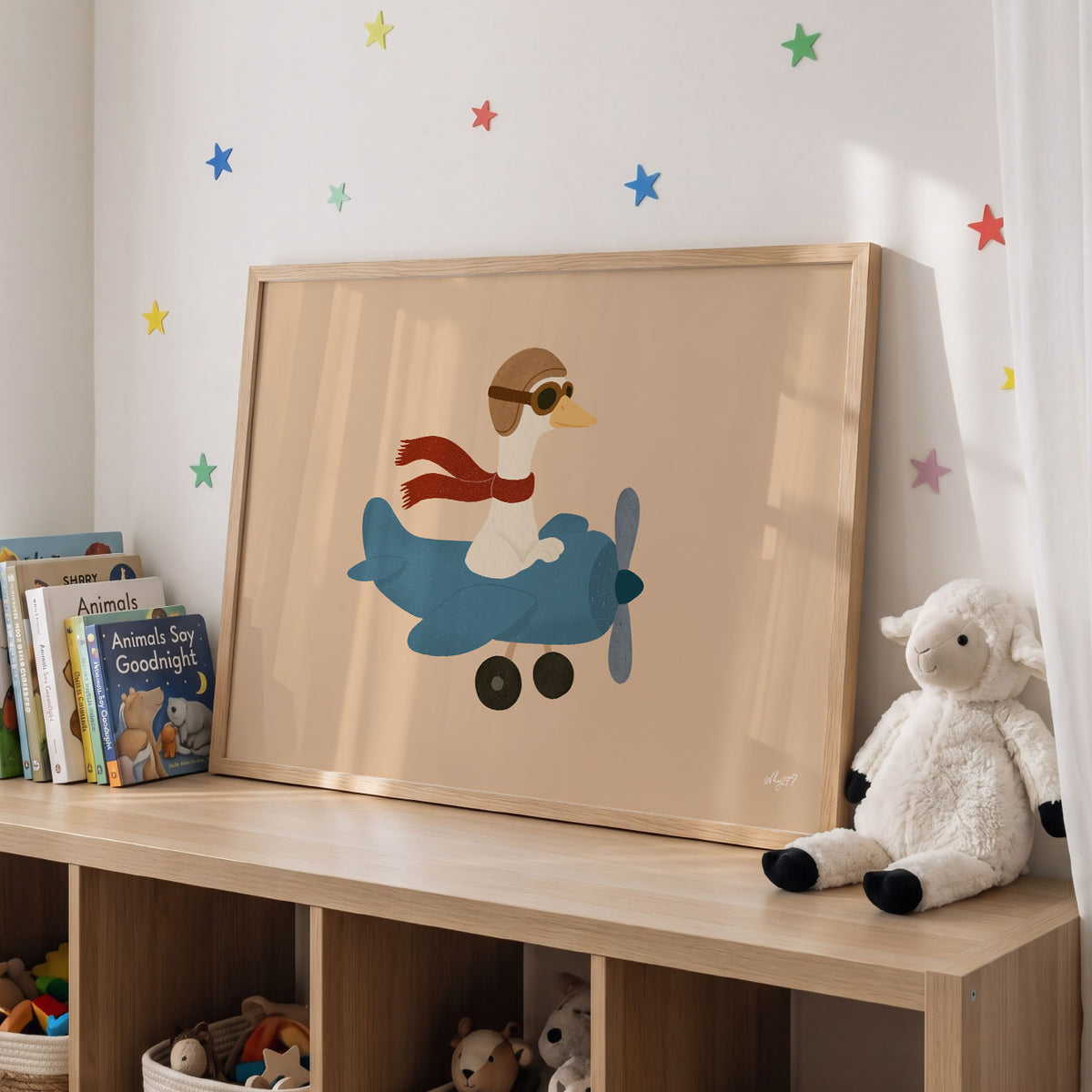 Landscape poster of a goose in goggles flying a small blue plane