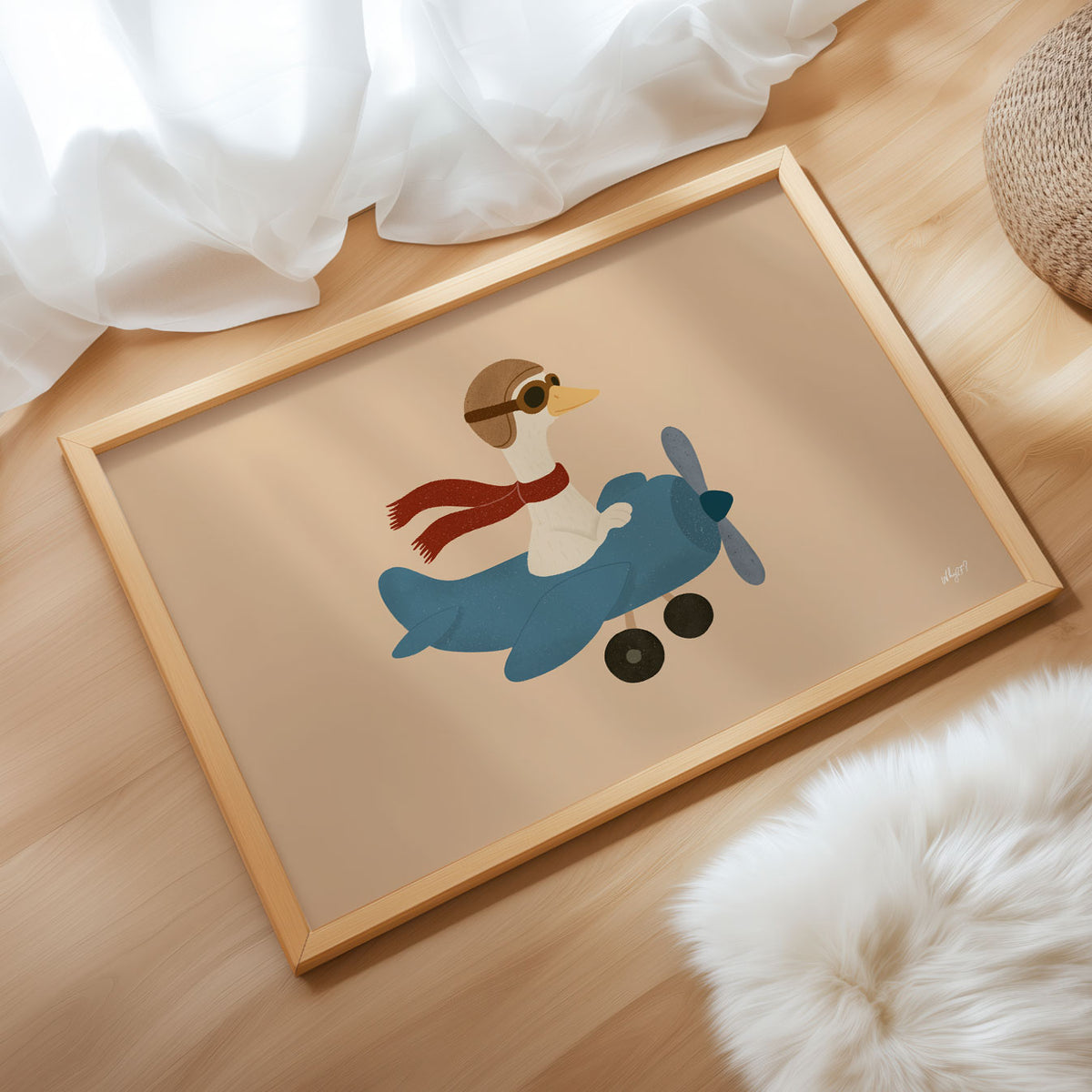 Landscape poster of a goose in goggles flying a small blue plane