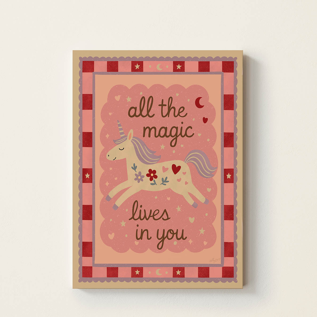 Hand-drawn unicorn surrounded by flowers, hearts, and stars with the inspirational phrase "All the Magic Lives in You", whimsical nursery wall art for children's bedrooms, playrooms, and baby rooms.