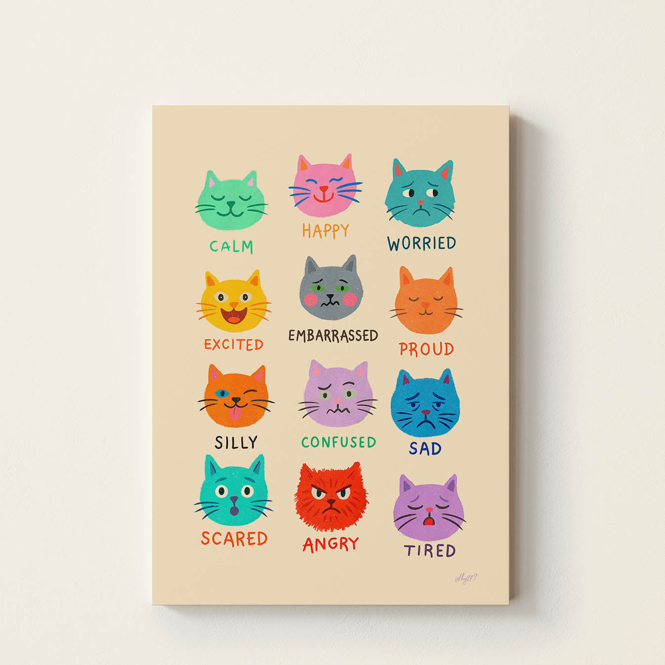 Colourful hand-drawn poster featuring twelve cat faces expressing different emotions including happy, calm, worried, proud, sad, angry, excited, embarrassed, scared, confused, silly, and tired, educational wall art for children.