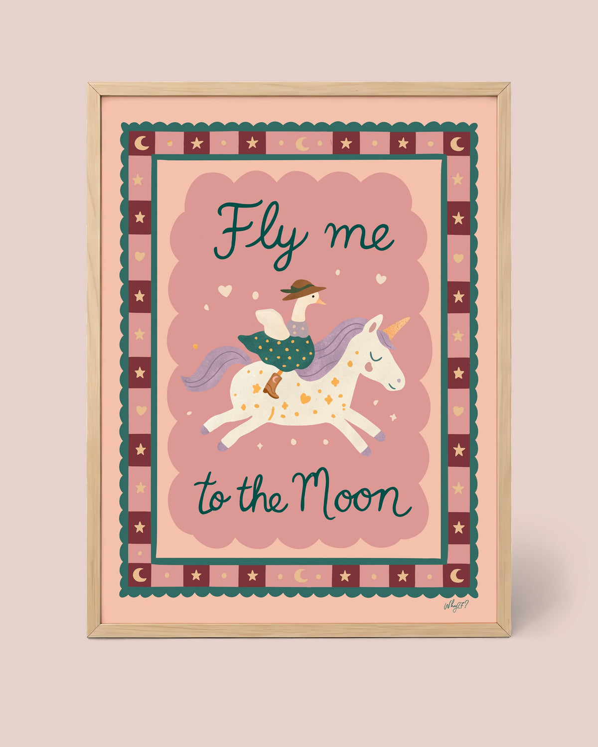 Fly Me To The Moon Horse Poster framed in a natural wood frame