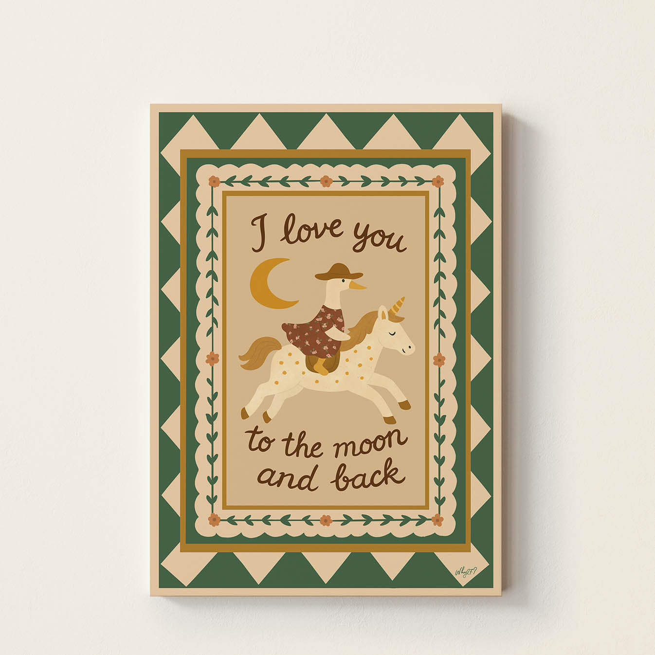 Hand-drawn duck riding a magical unicorn beneath a golden moon with the phrase "I Love You to the Moon and Back", whimsical nursery wall art for baby rooms, bedrooms, and playrooms.