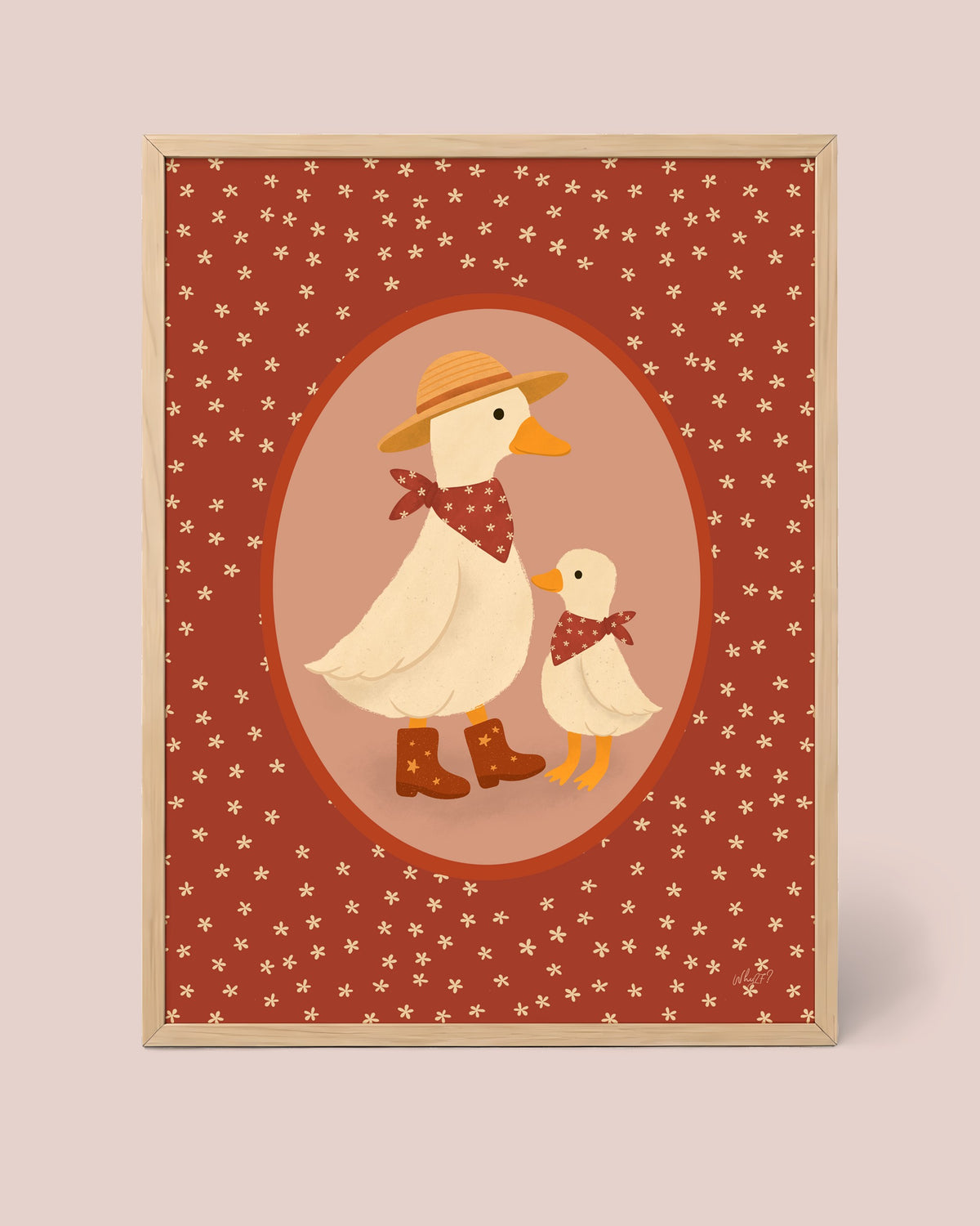 Little Duck Family Poster framed in a natural wood frame