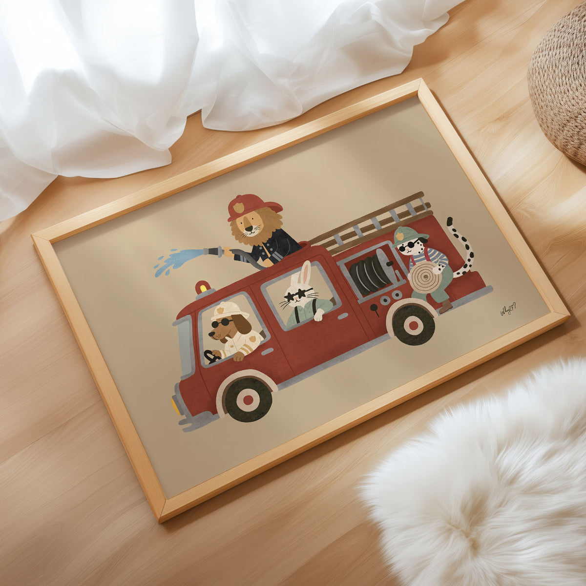 Landscape poster of a red fire truck with a lion, dog, cat and dalmatian crew
