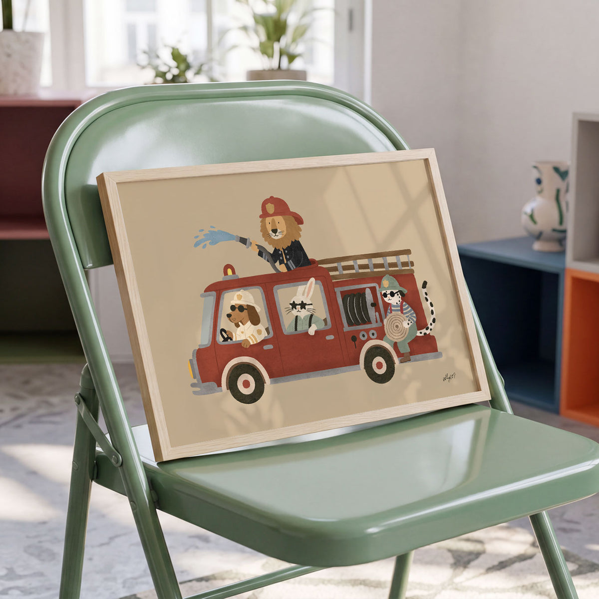 Landscape poster of a red fire truck with a lion, dog, cat and dalmatian crew