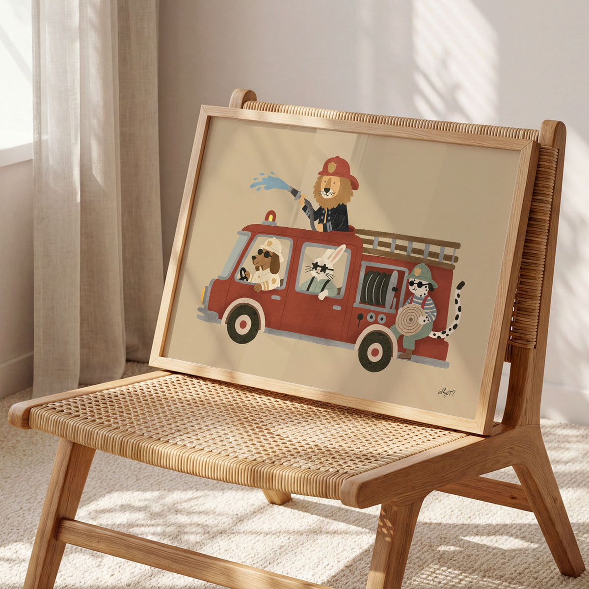 Landscape poster of a red fire truck with a lion, dog, cat and dalmatian crew