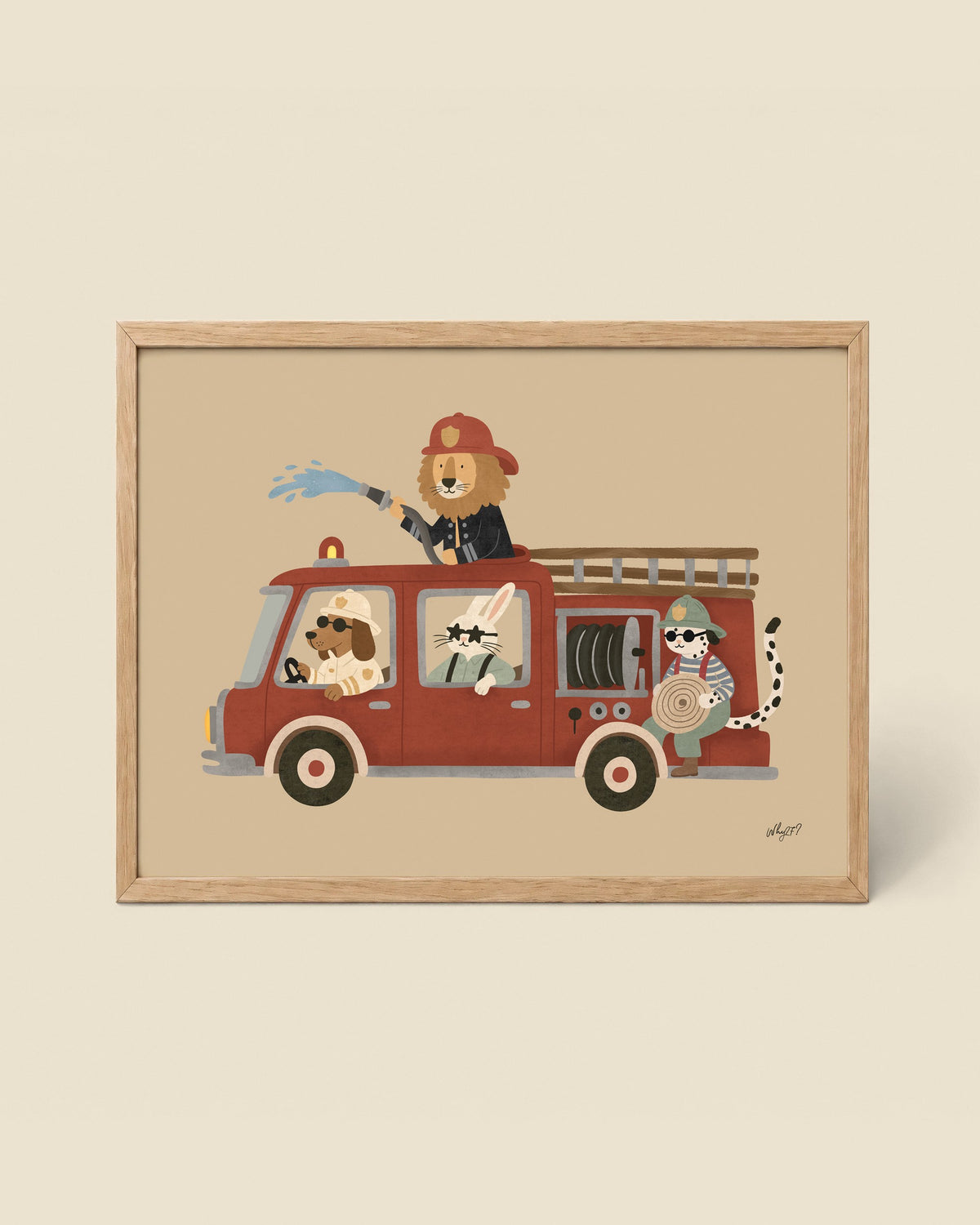 Fire Truck Crew Poster framed in a natural wood frame