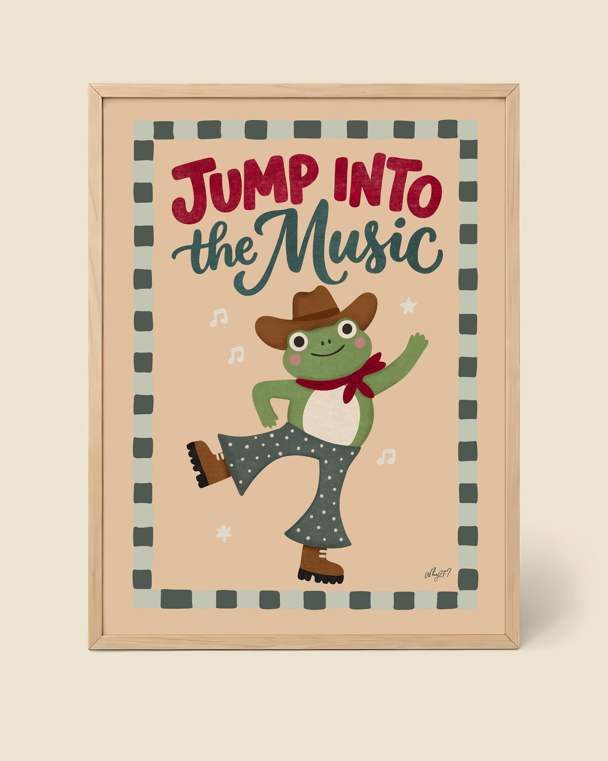 Dancing Frog Poster framed in a natural wood frame