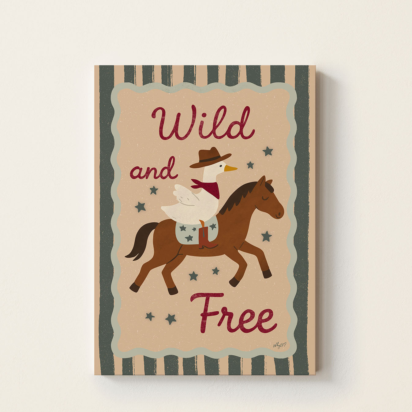 Hand-drawn cowboy duck riding a galloping horse beneath the inspirational phrase "Wild and Free", whimsical western kids wall art for nurseries, bedrooms, and playrooms.