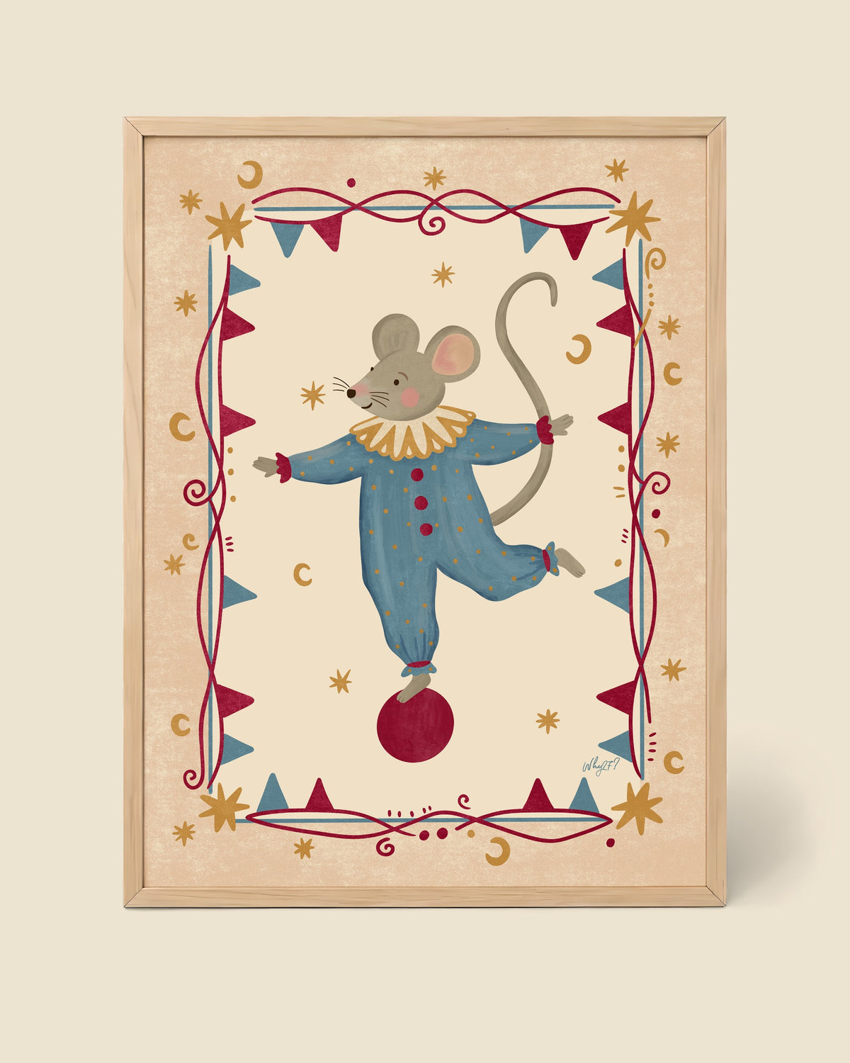 Circus Mouse Poster framed in a natural wood frame
