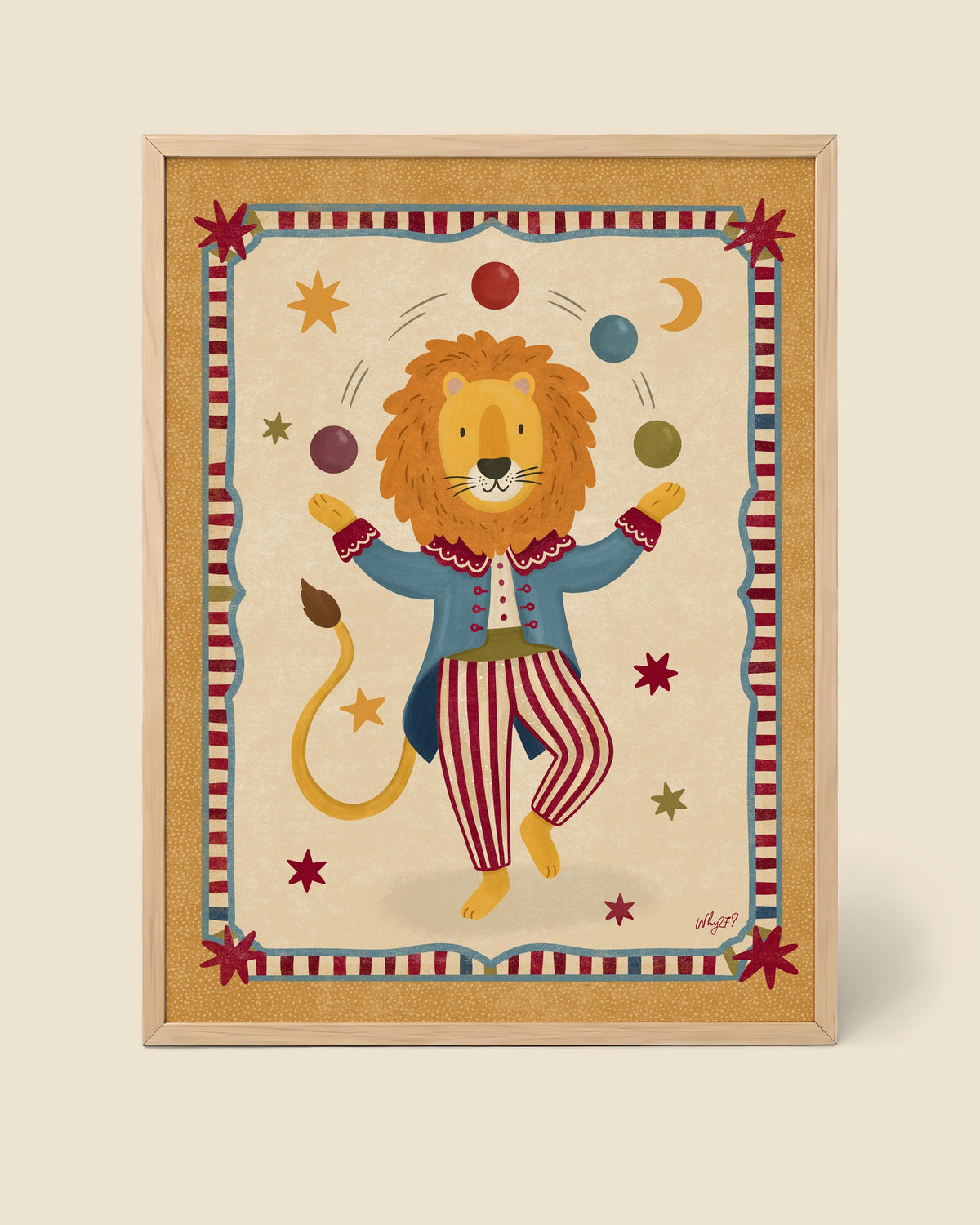 Circus Lion Poster framed in a natural wood frame