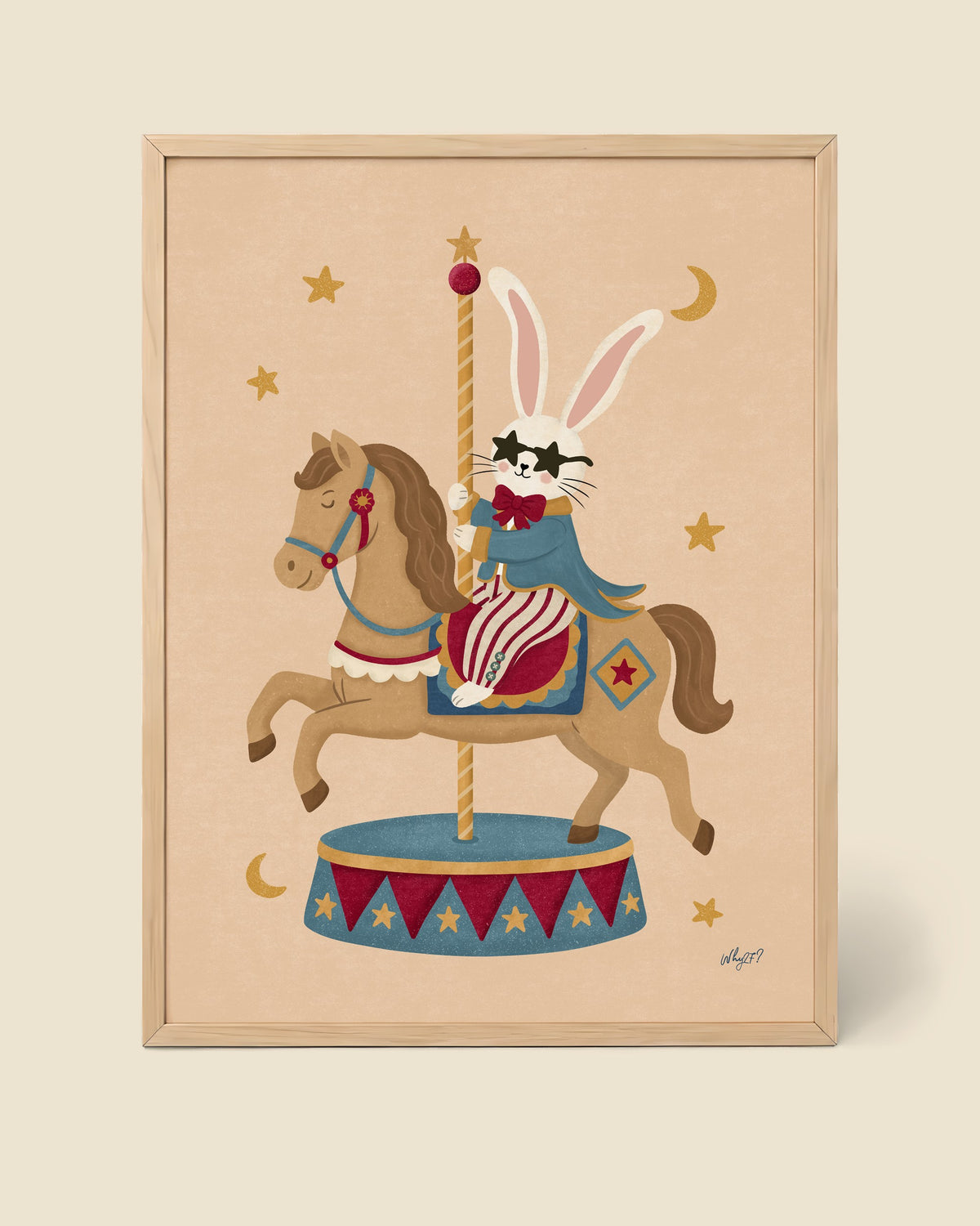 Circus Rabbit Poster framed in a natural wood frame