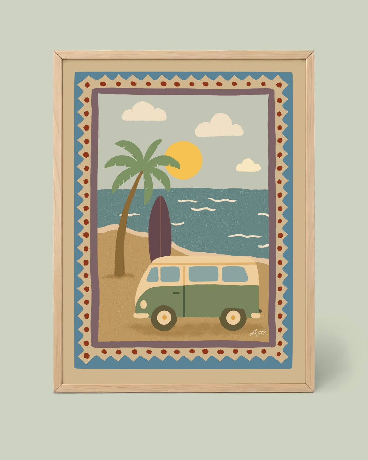 Surf Van Poster framed in a natural wood frame