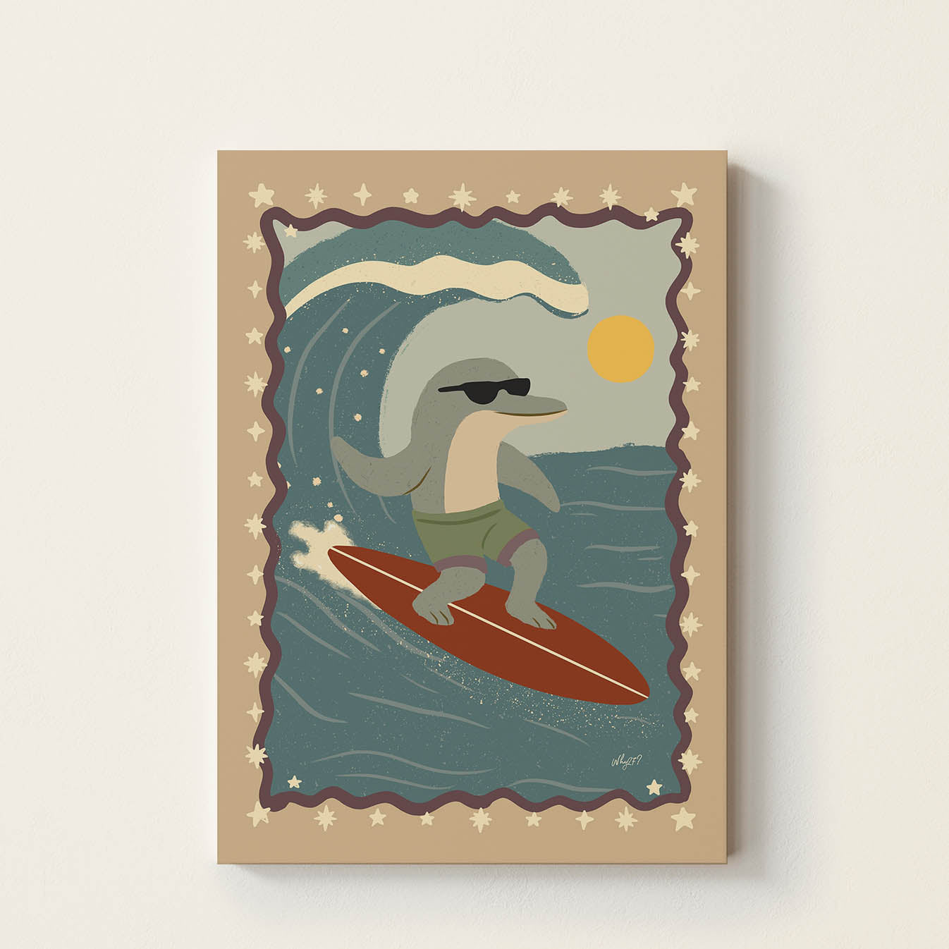 Hand-drawn dolphin wearing sunglasses while surfing a wave on a red surfboard, retro-inspired surf wall art for children's bedrooms, nurseries, playrooms, and beach-themed rooms.