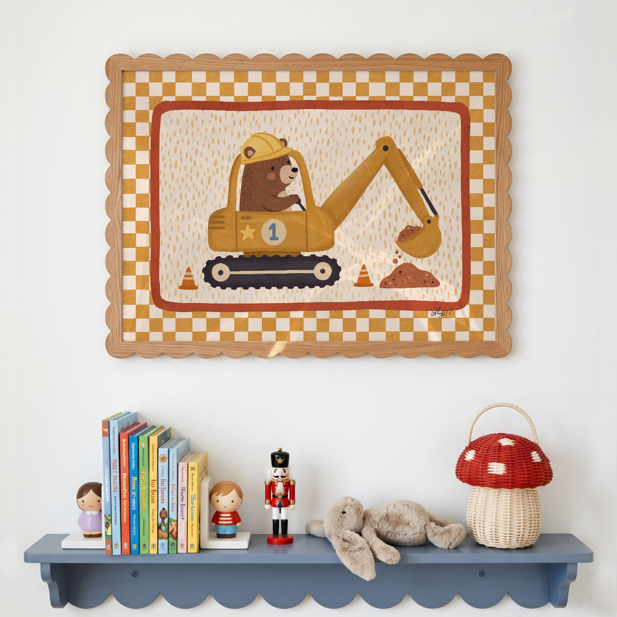 Landscape poster of a bear in a hard hat driving a yellow excavator