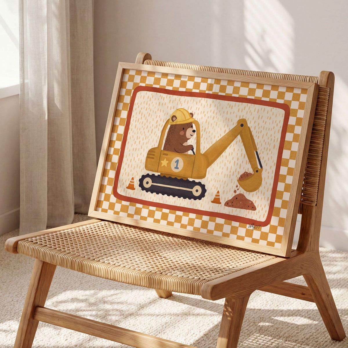 Landscape poster of a bear in a hard hat driving a yellow excavator