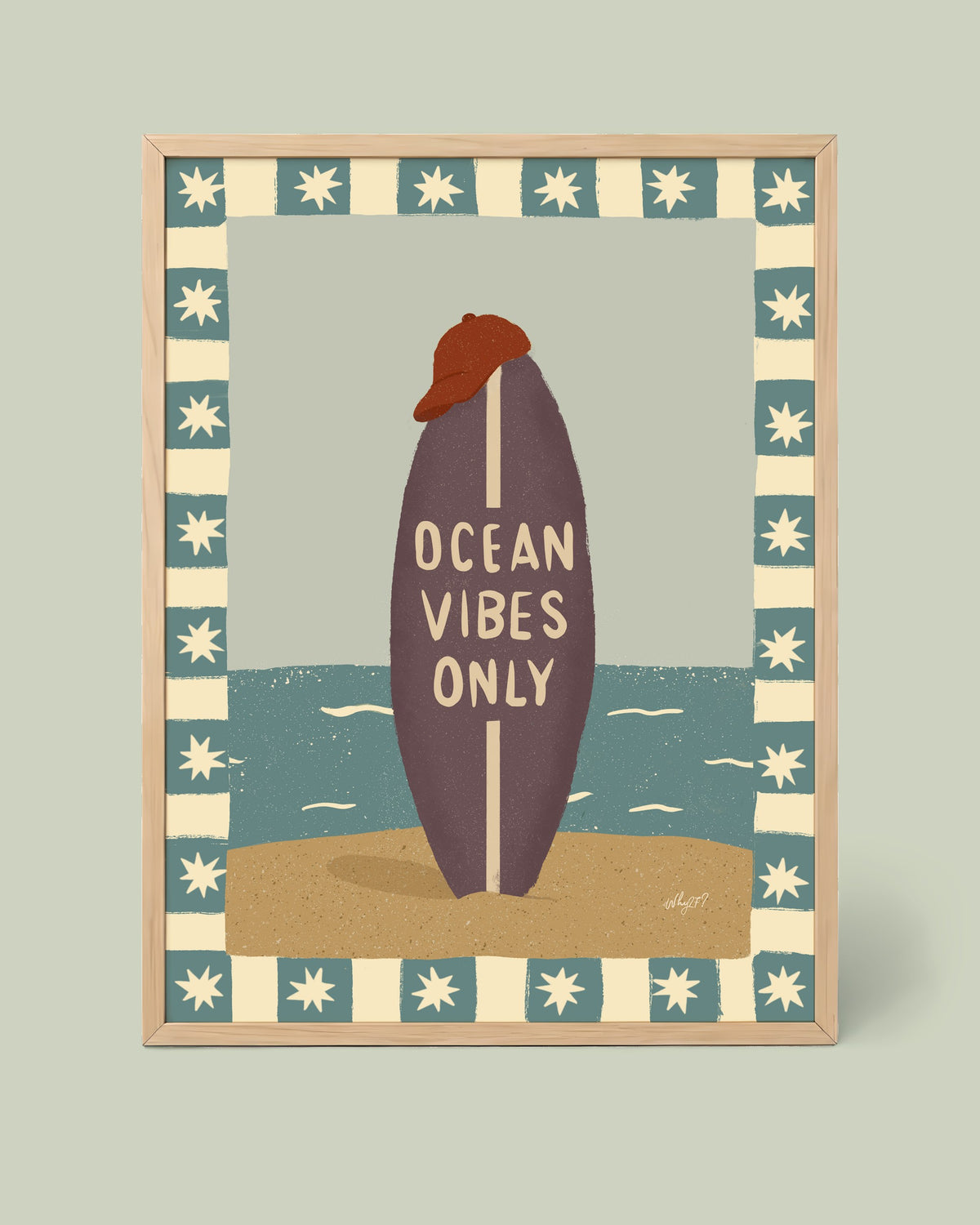 Ocean Vibes Only Poster framed in a natural wood frame