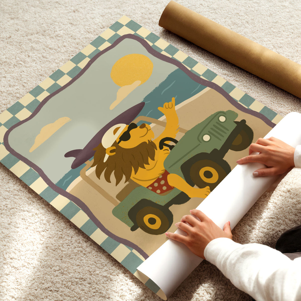 Kids vehicle wall art featuring a hand-drawn lion driving a green jeep in a retro outdoor scene.