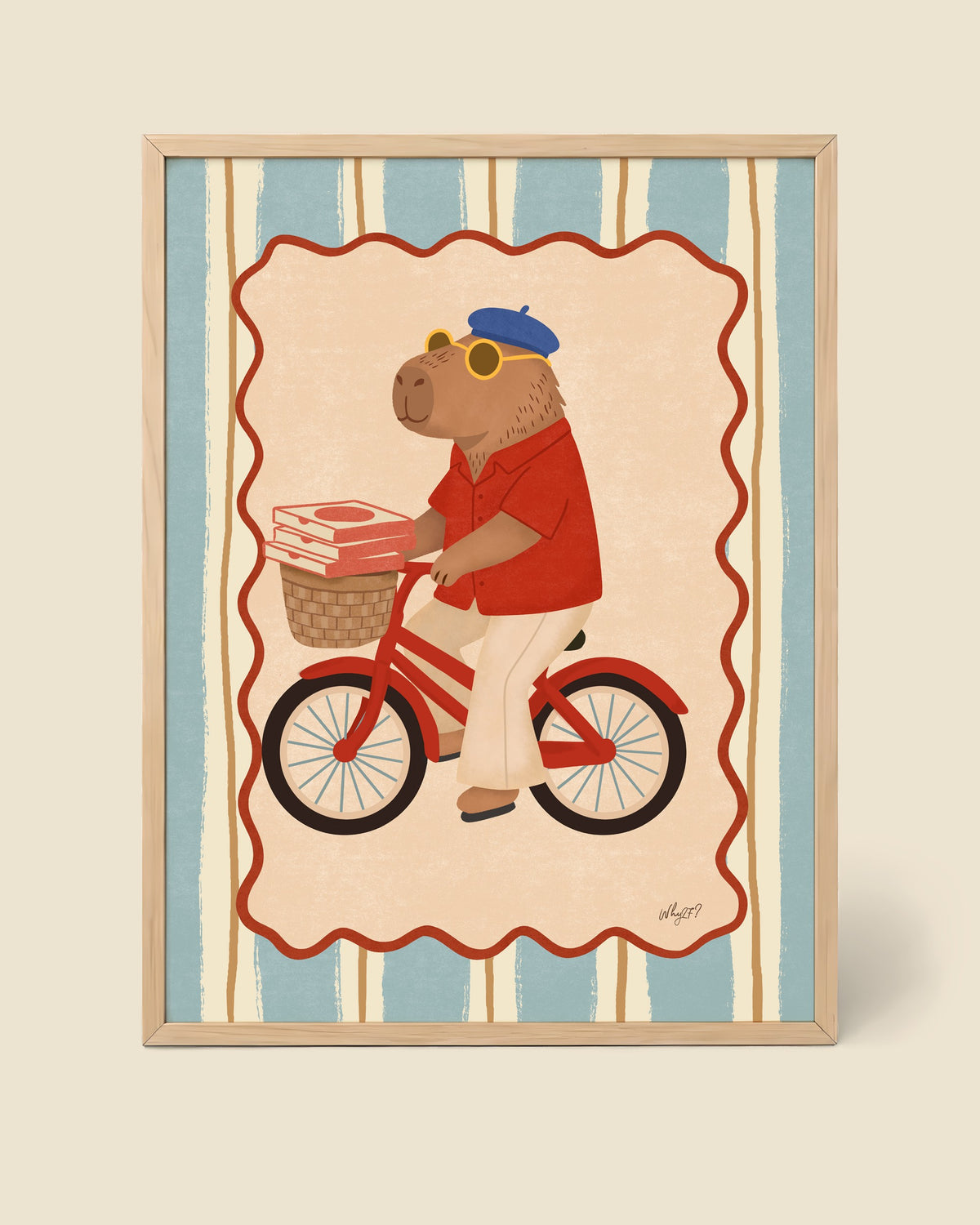 Capybara Pizza Bike Poster framed in a natural wood frame