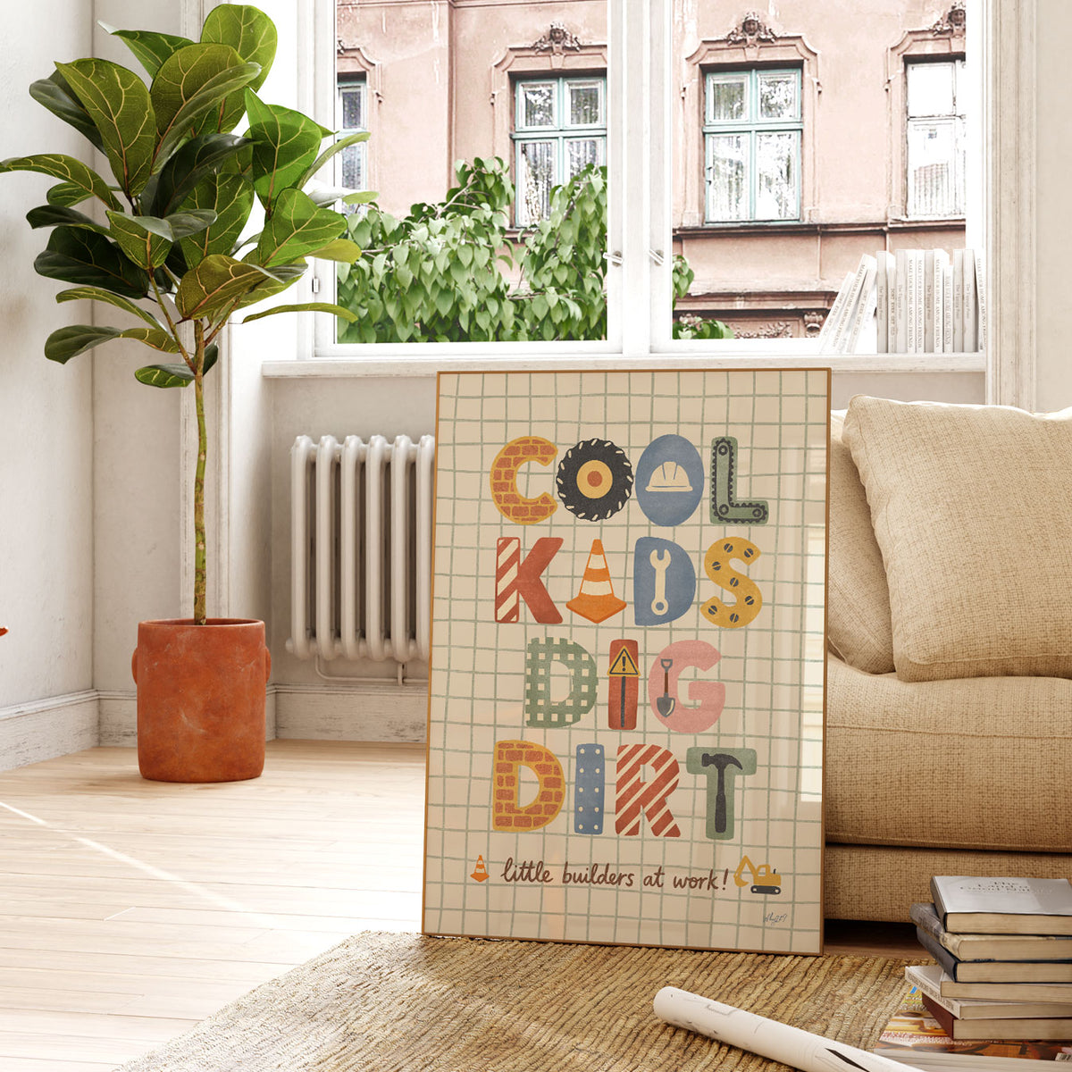Hand-drawn little builders poster with construction tools, safety cone, helmet and colourful typography.