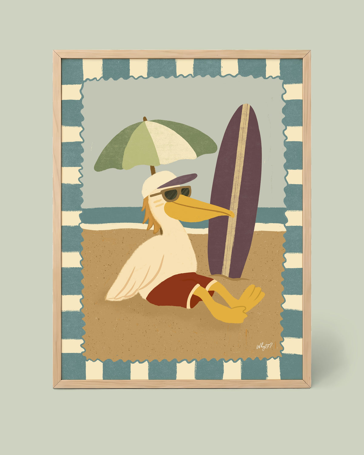 Surf Pelican Poster framed in a natural wood frame