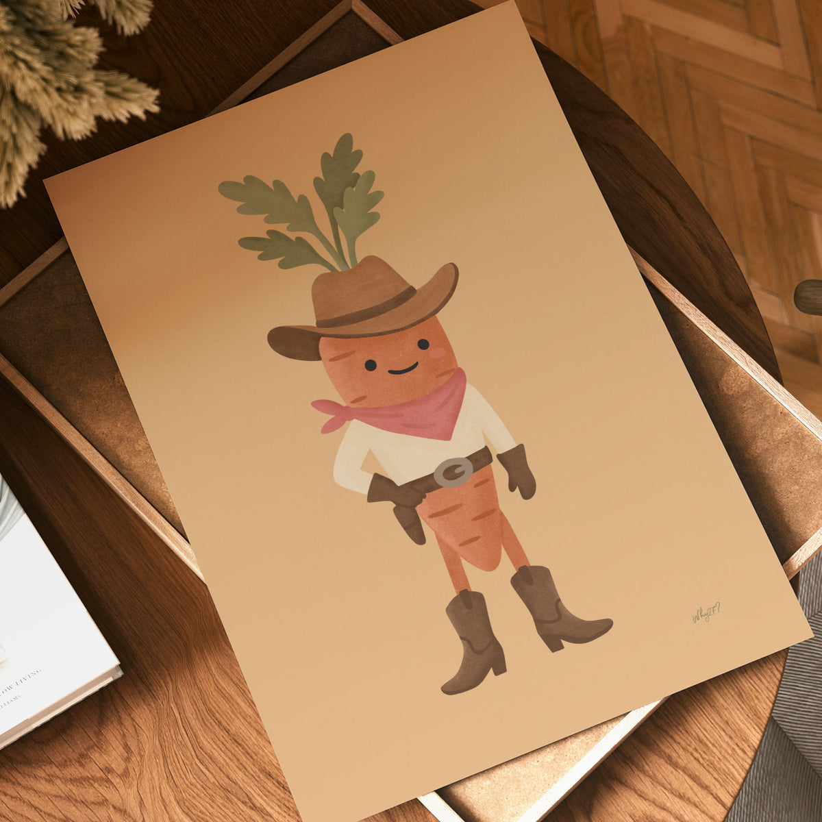 Playful vegetable cowboy poster in terracotta, brown, pink and earthy green on a warm neutral background.