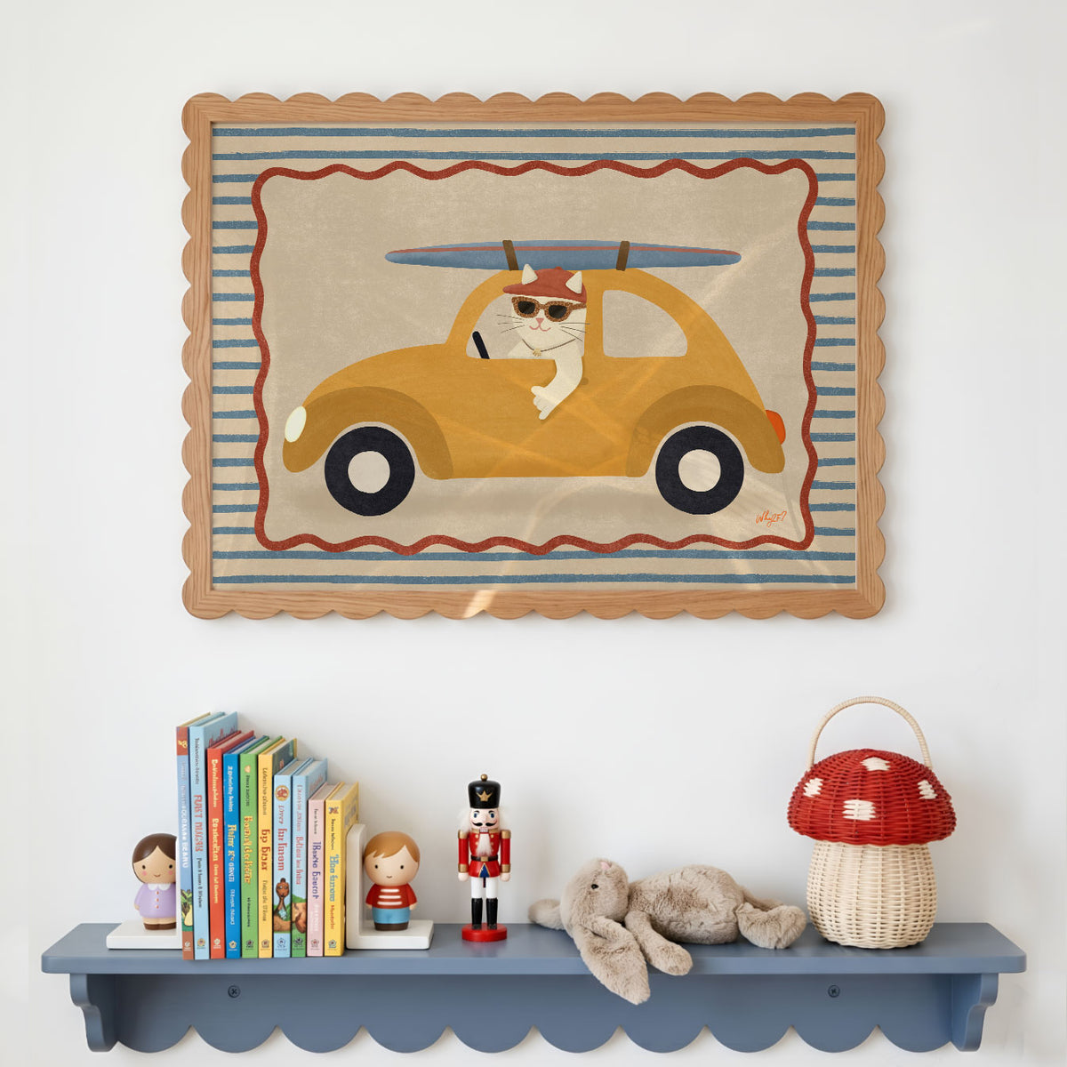 Landscape poster of a cat in sunglasses driving a yellow car with a surfboard on the roof