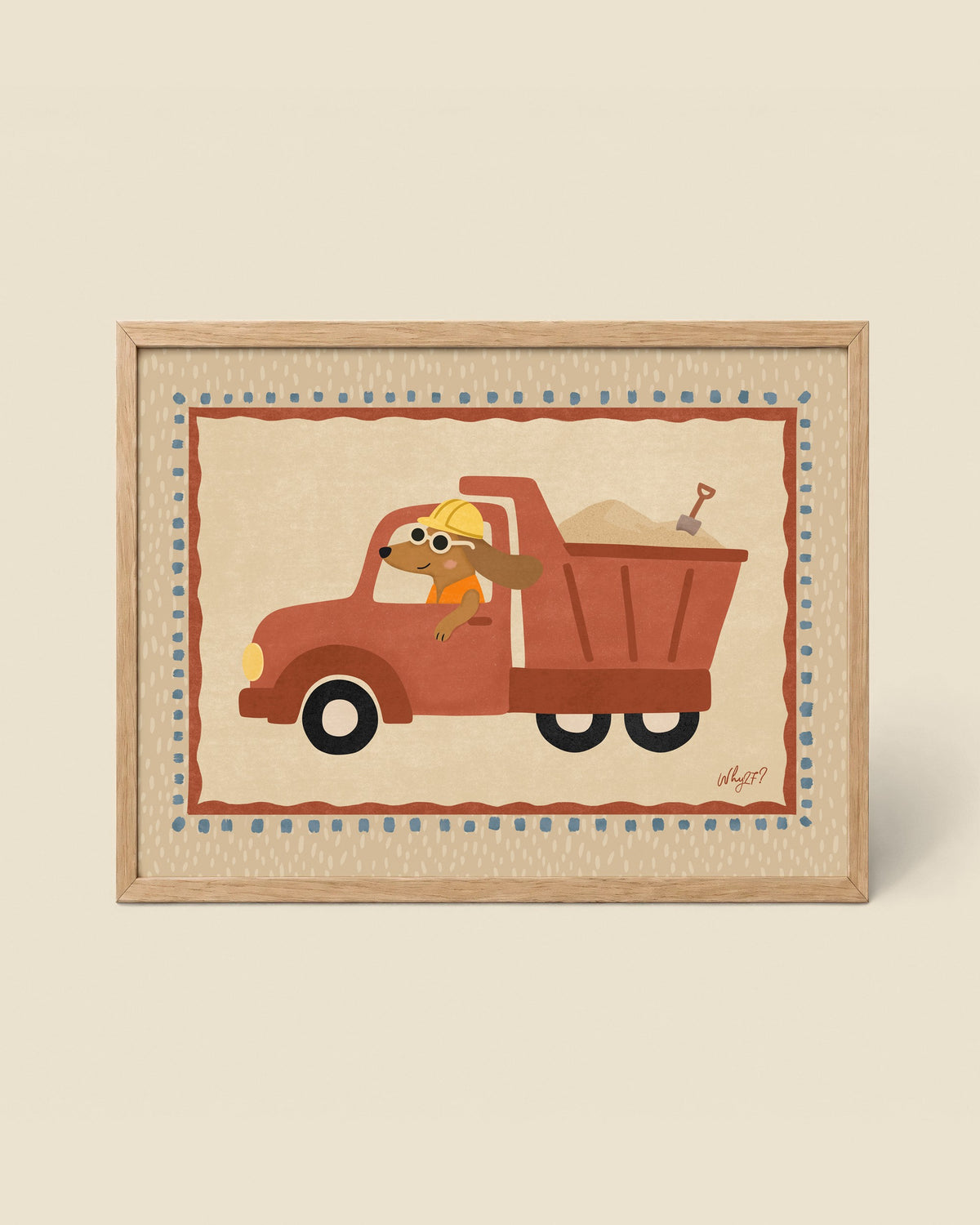 Dump Truck Dog Poster framed in a natural wood frame
