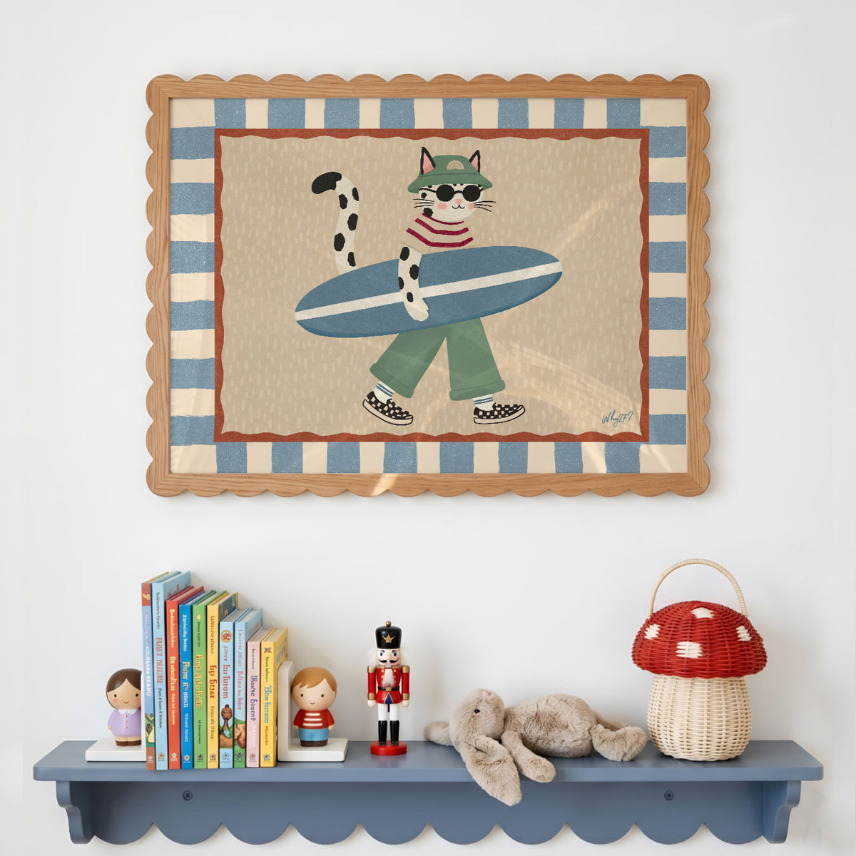 Landscape poster of a spotted cat in sunglasses carrying a surfboard under one arm