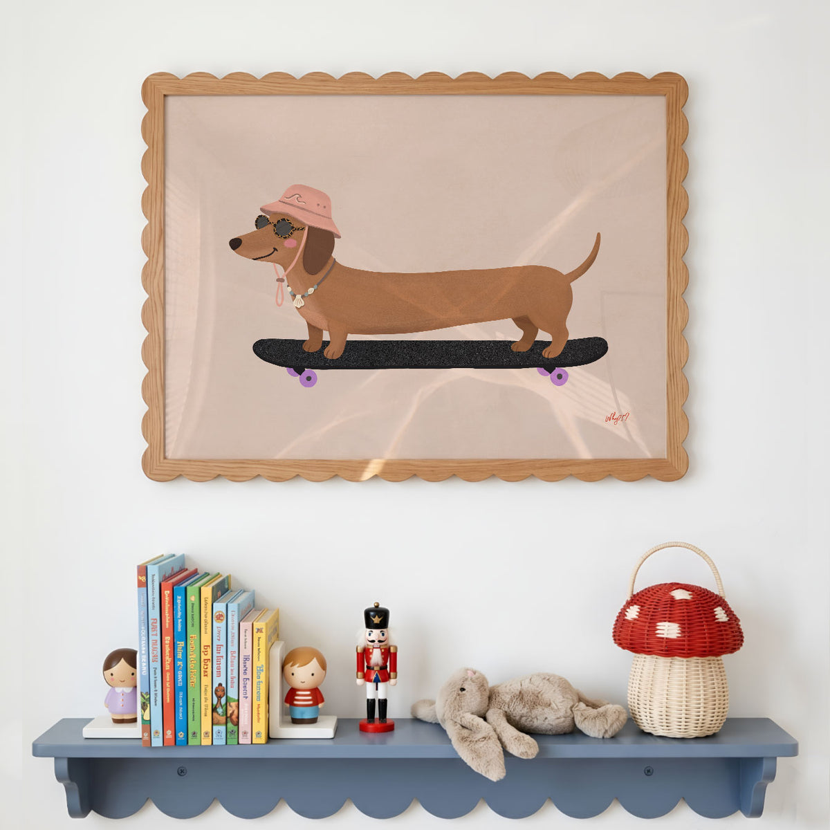 Landscape poster of a long dachshund in a pink hat riding a black skateboard