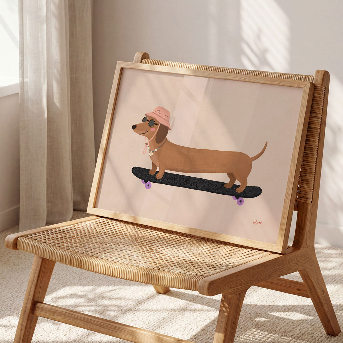 Landscape poster of a long dachshund in a pink hat riding a black skateboard