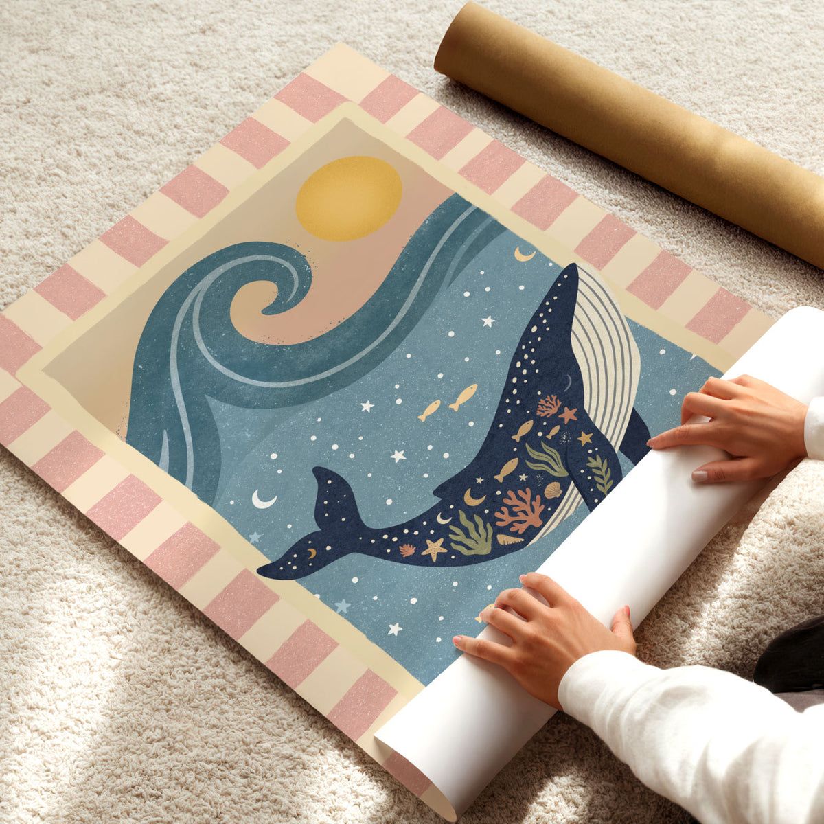 Dreamy whale and ocean illustration for a kids bedroom, nursery or sea-themed playroom.