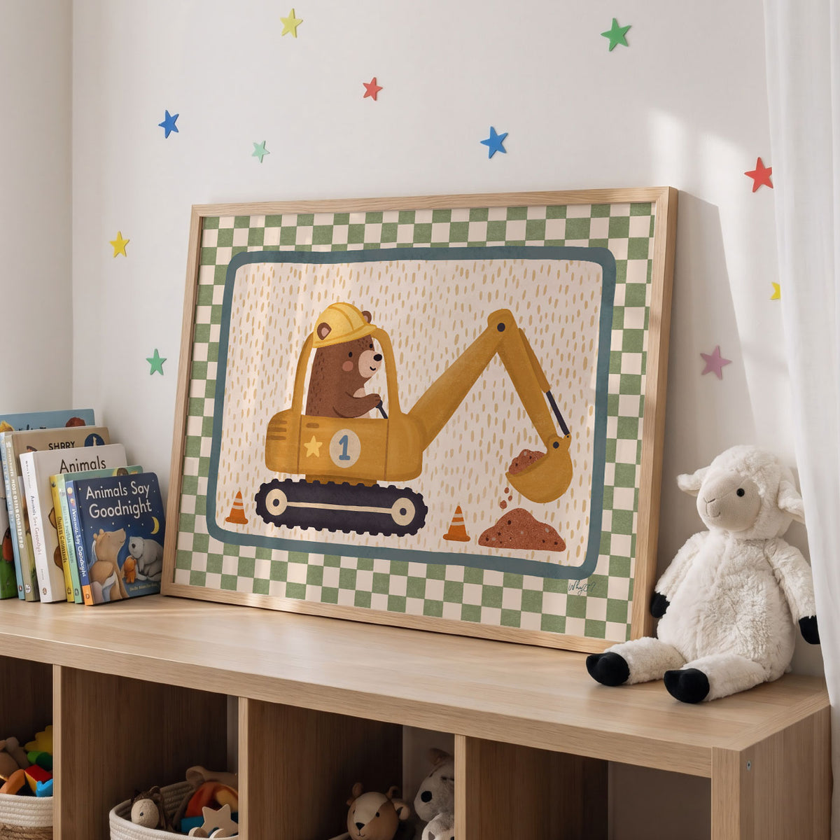 Landscape poster of a bear driving a yellow excavator on a green checkerboard background