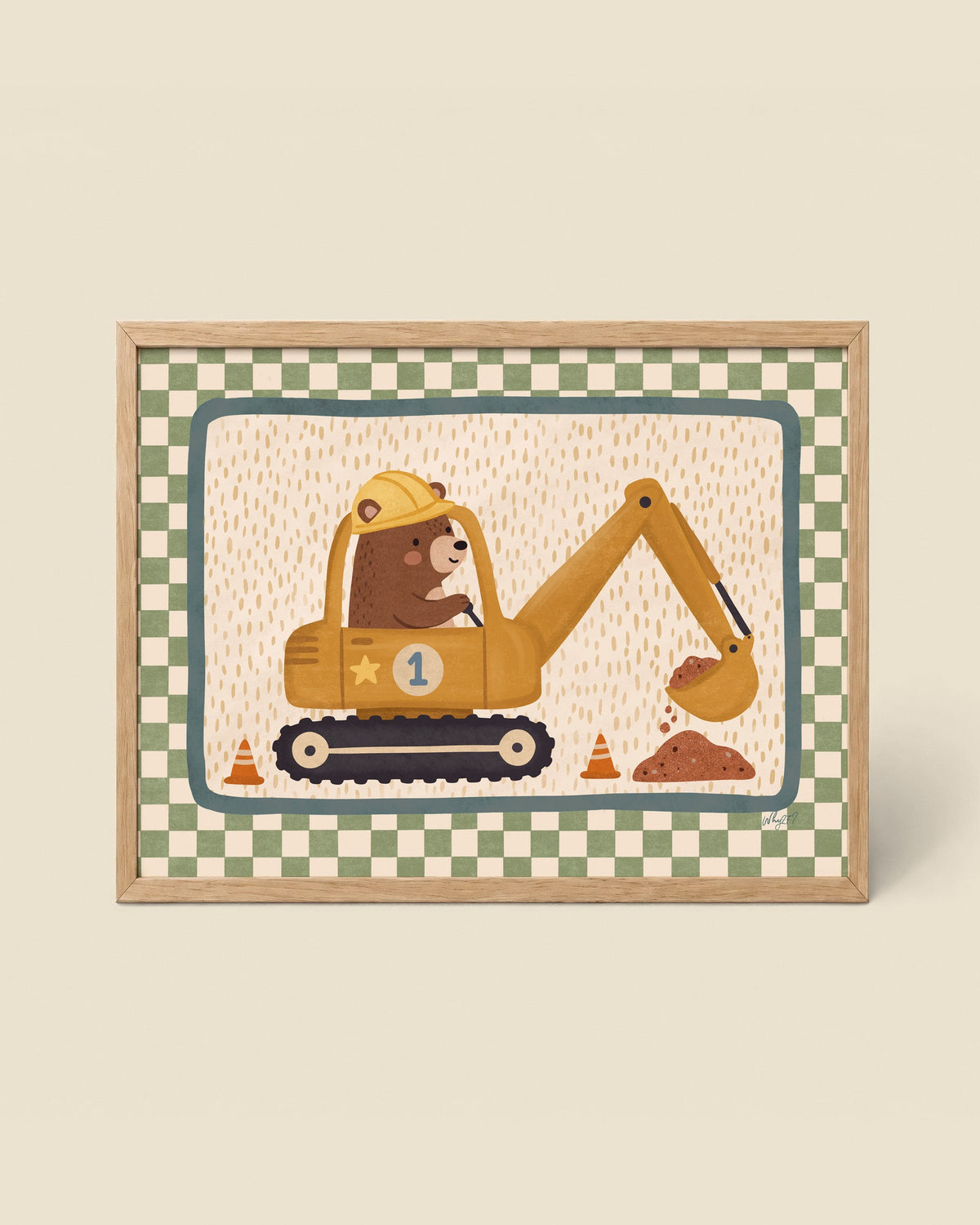 Excavator Bear Green Poster framed in a natural wood frame