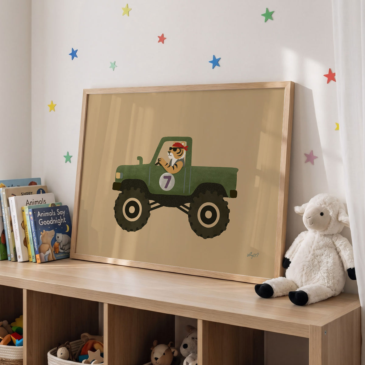 Landscape poster of a tiger in a helmet driving a green monster truck