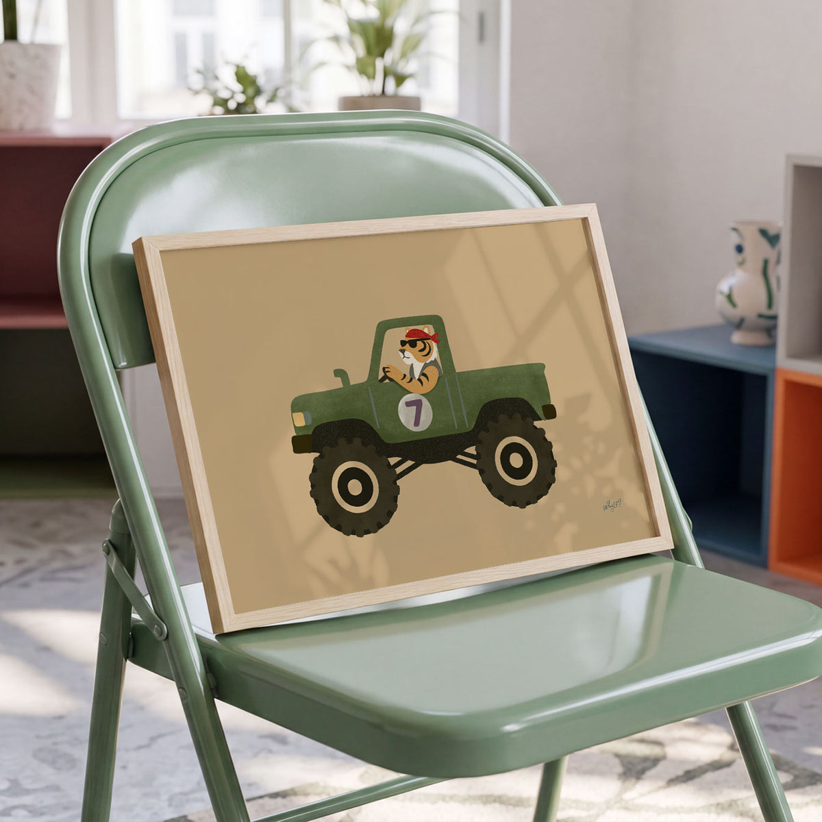 Landscape poster of a tiger in a helmet driving a green monster truck