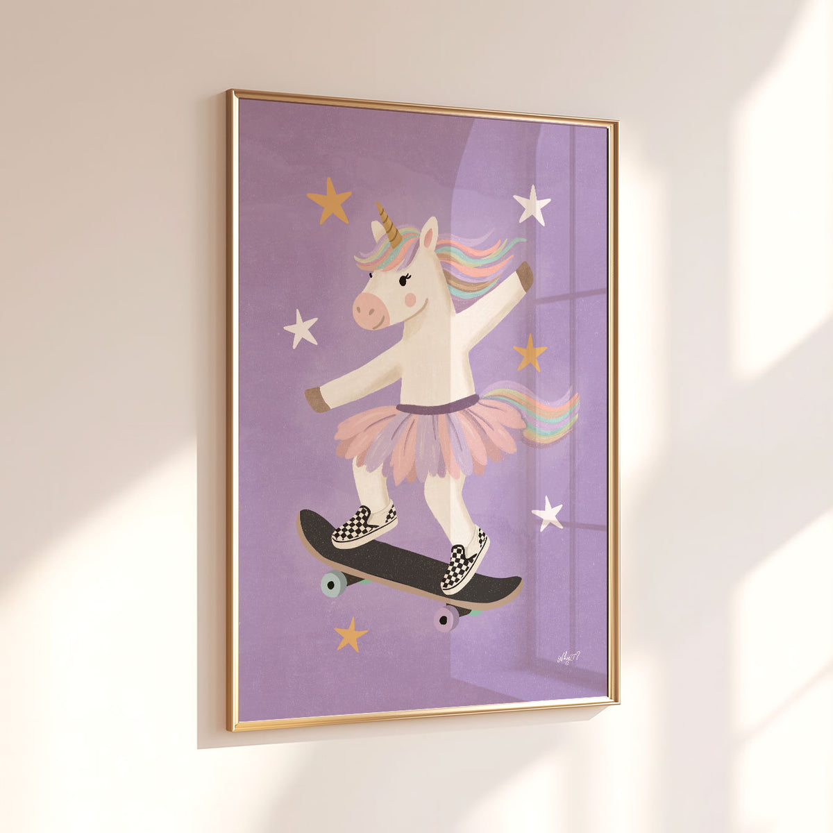 Illustrated poster of a unicorn in a tutu and checkerboard trainers riding a skateboard on purple