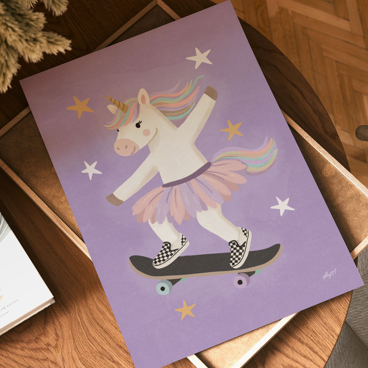 Illustrated poster of a unicorn in a tutu and checkerboard trainers riding a skateboard on purple