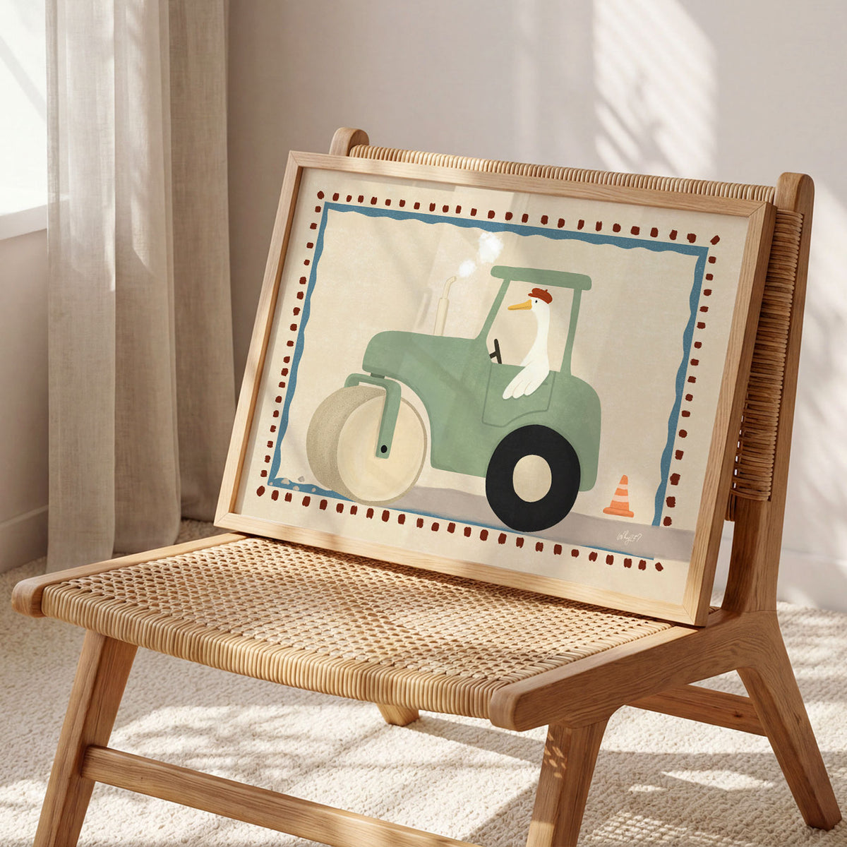 Illustrated poster of a goose in a beret driving a sage green steamroller with steam rising and a traffic cone beside the road