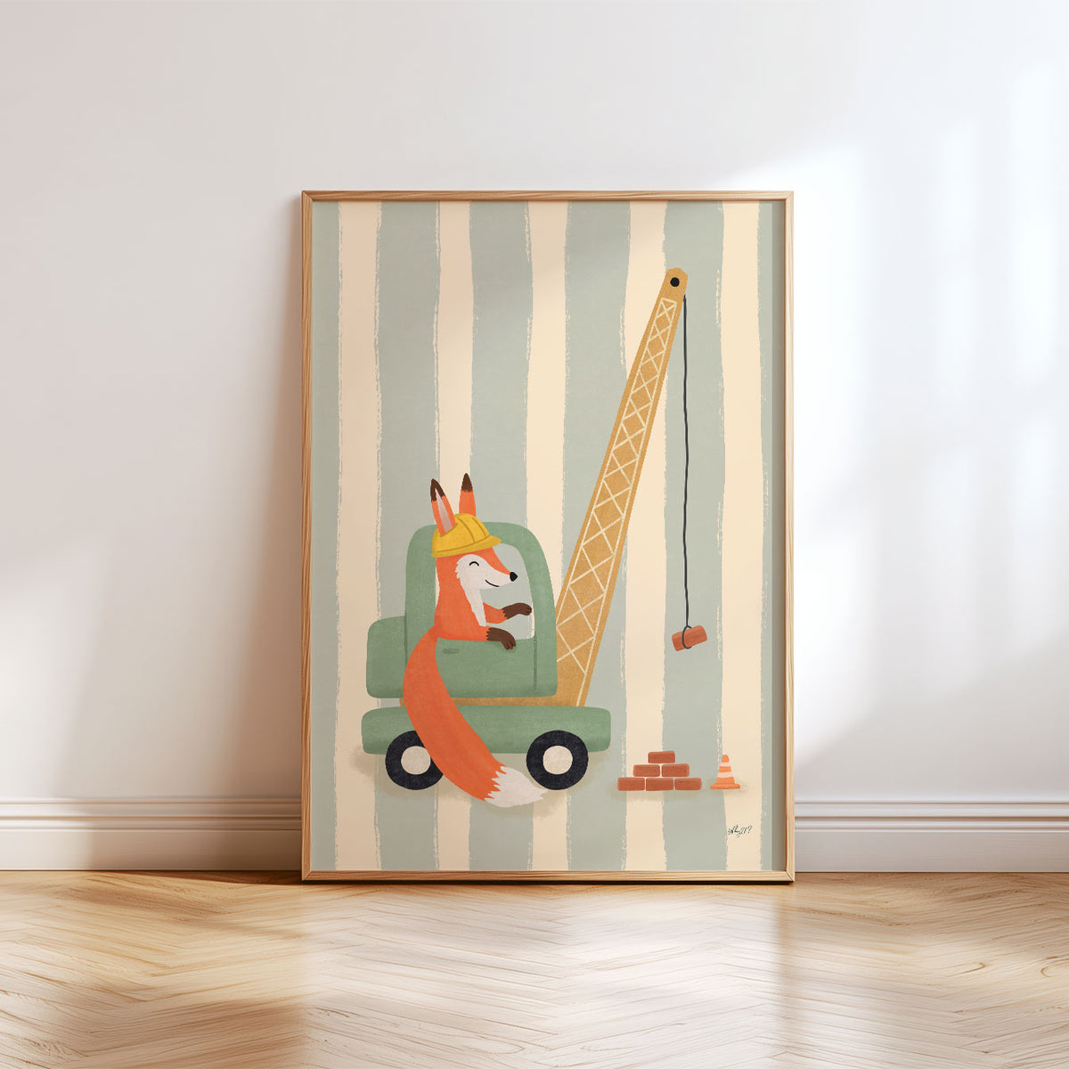 Illustrated poster of a fox in a hard hat driving a green crane lifting a brick on a striped background